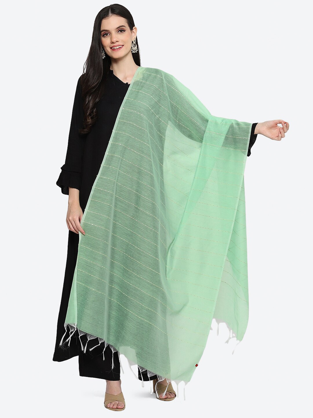 

Biba Striped Dupatta with Thread Work, Sea green