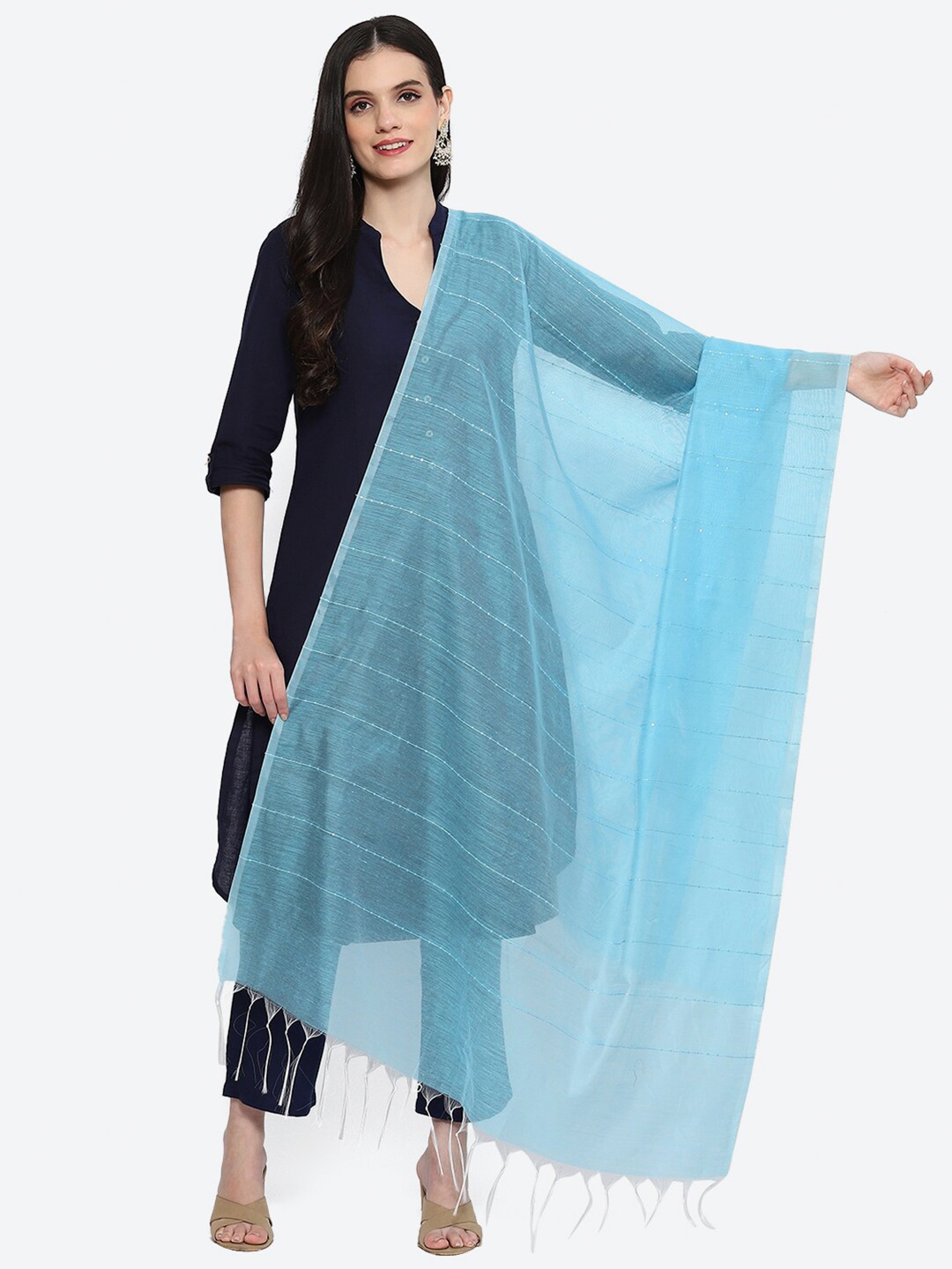 

Biba Striped Dupatta With Sequinned, Turquoise blue