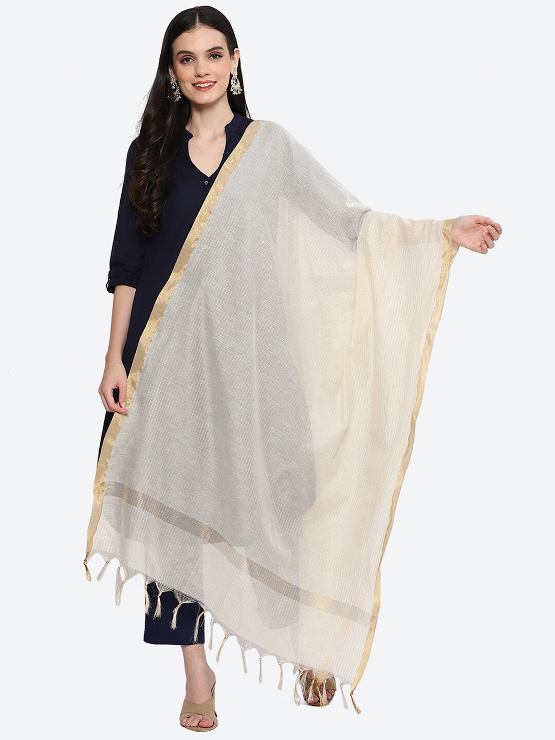 

Biba Woven Design Cotton Dupatta With Zari, Off white