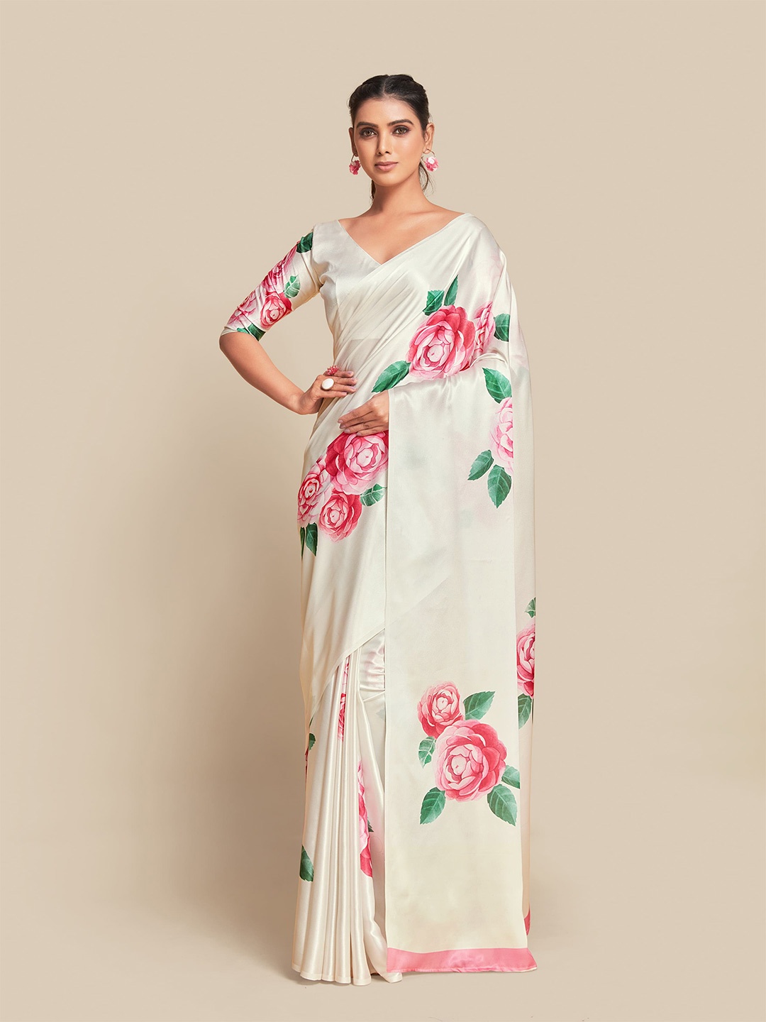 

Ishin Floral Printed Satin Saree, White