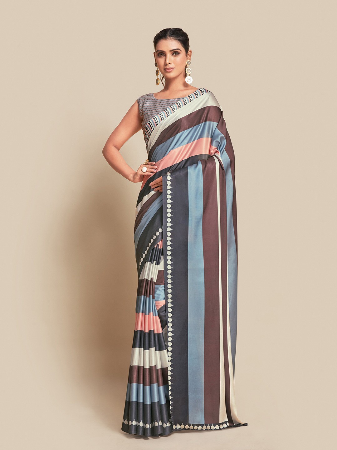 

Ishin Grey & Pink Striped Satin Saree