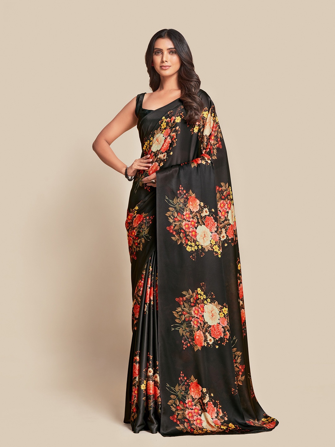 

Ishin Black & Orange Floral Printed Satin Saree