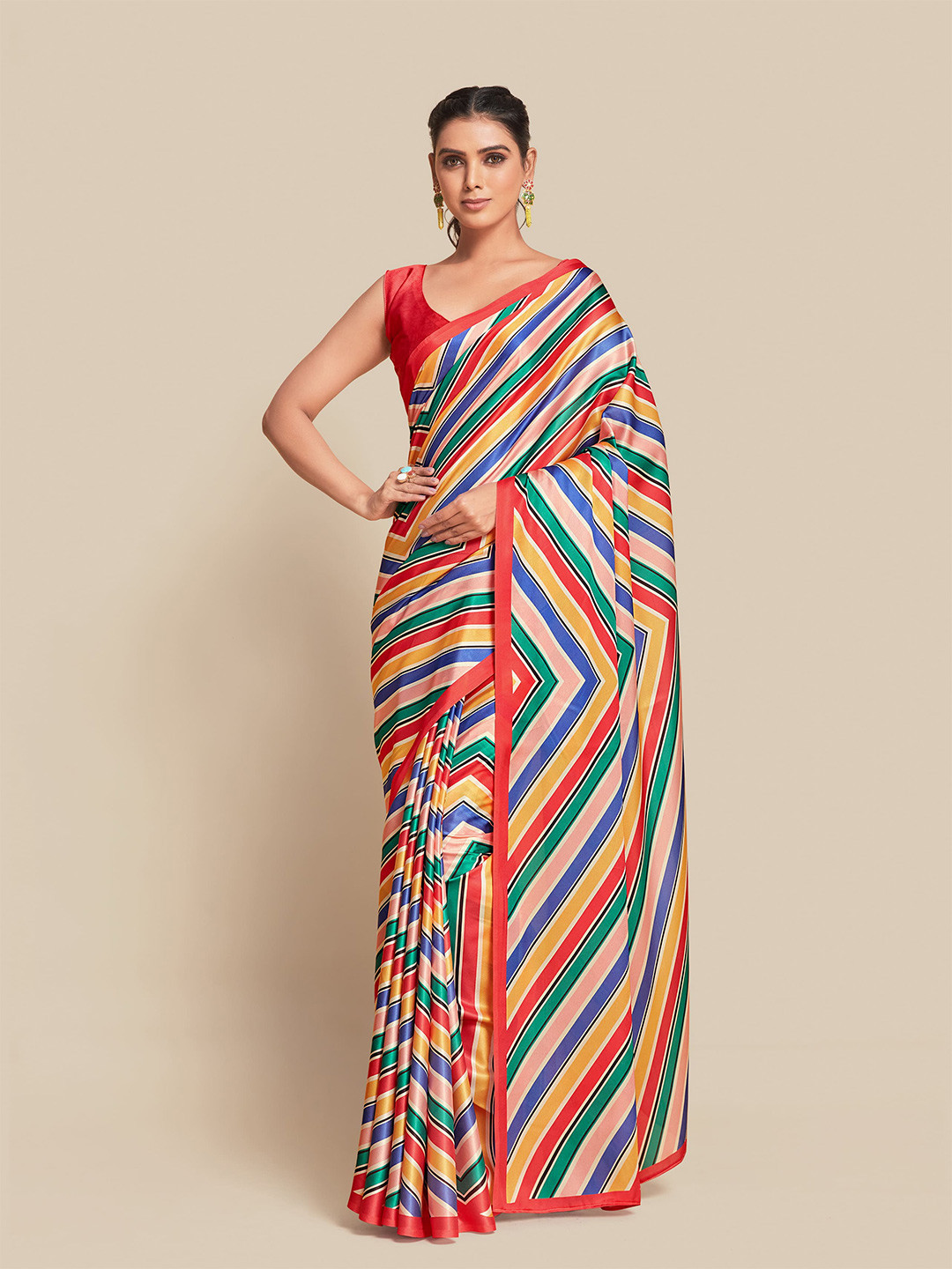 

Ishin Orange & Blue Striped Satin Saree