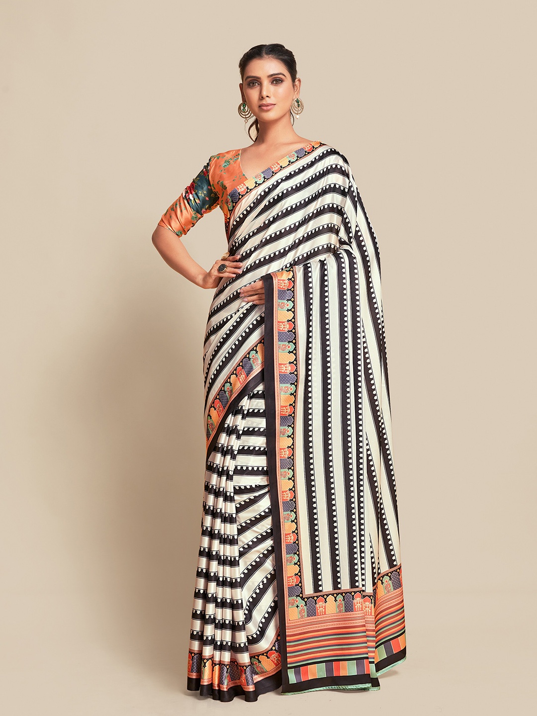 

Ishin White & Black Striped Satin Saree