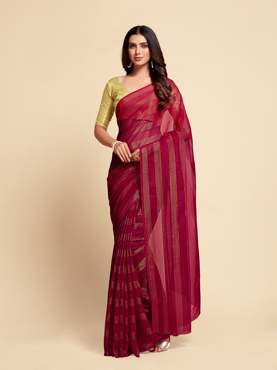 

Ishin Striped Satin Banarasi Zari Saree With Blouse Piece, Red