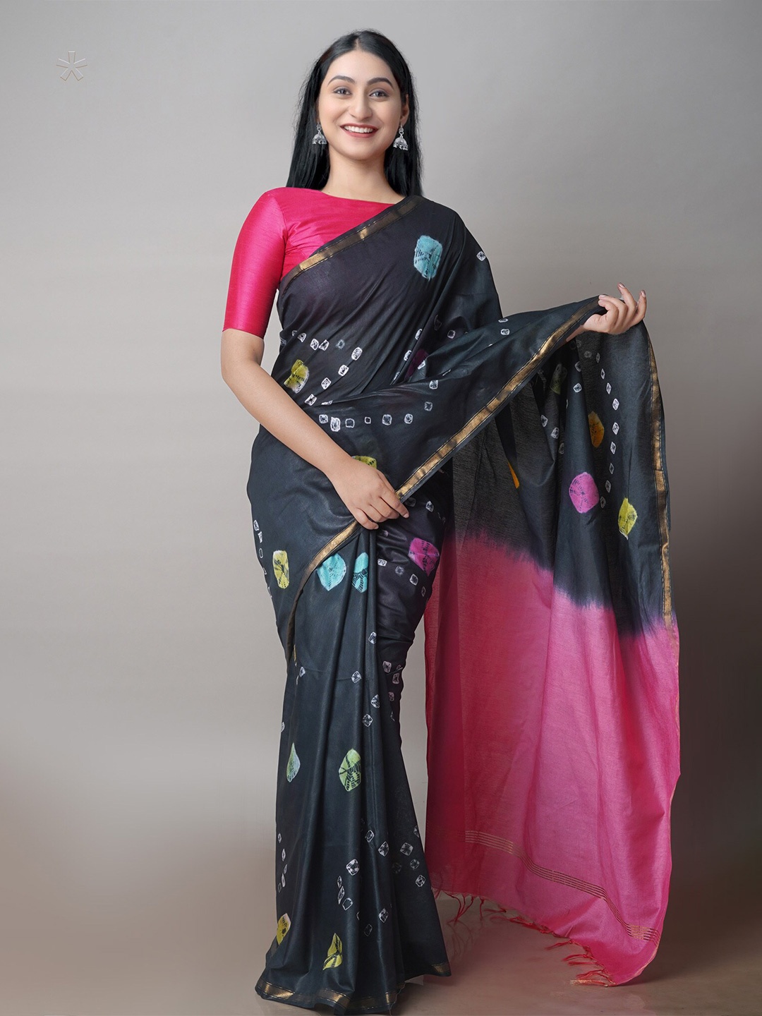 

Unnati Silks Batik Printed Zari Silk Cotton Chanderi Saree, Black