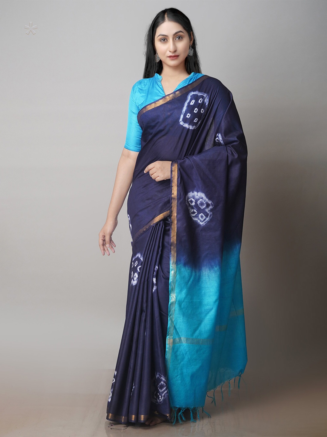 

Unnati Silks Tie & Dye Zari Silk Cotton Chanderi Saree, Navy blue
