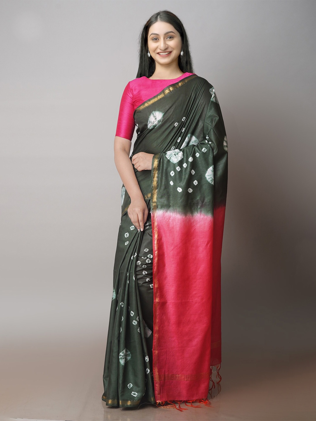 

Unnati Silks Bandhani Zari Silk Cotton Chanderi Saree, Green