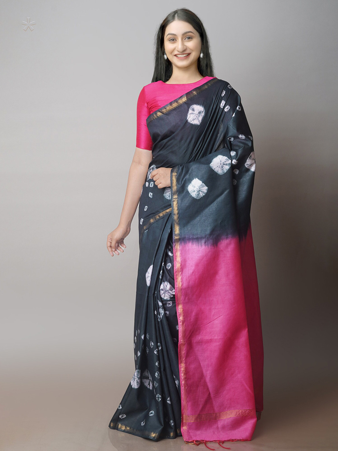 

Unnati Silks Bandhani Printed Zari Silk Cotton Chanderi Saree, Black
