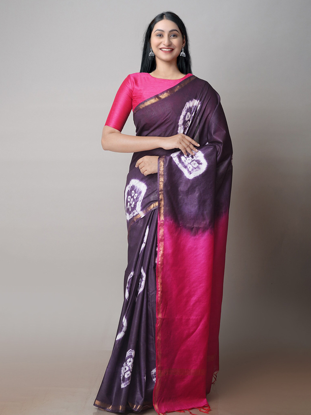 

Unnati Silks Batik Printed Silk Cotton Chanderi Saree, Purple