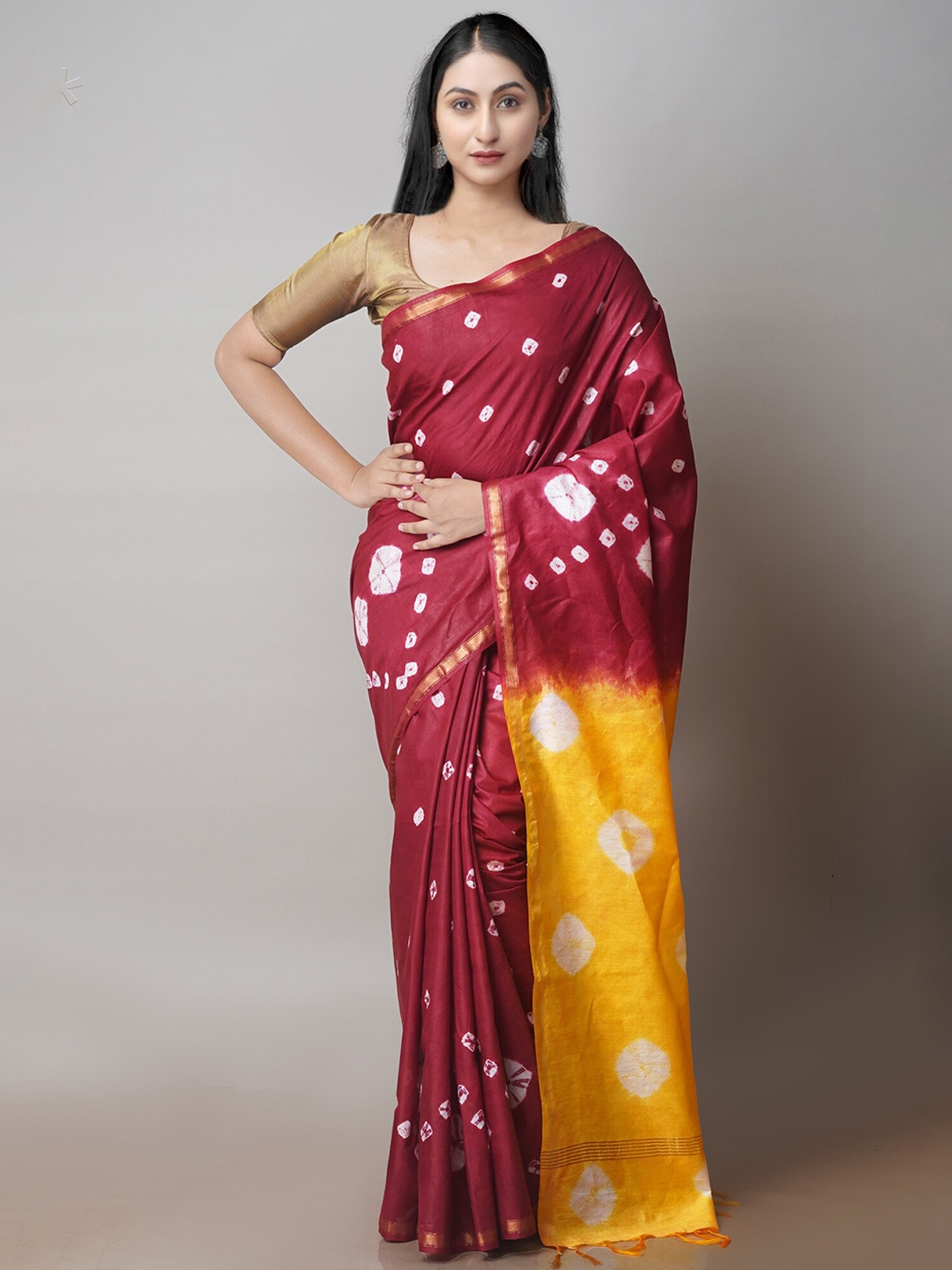 

Unnati Silks Bandhani Zari Silk Cotton Chanderi Saree, Maroon