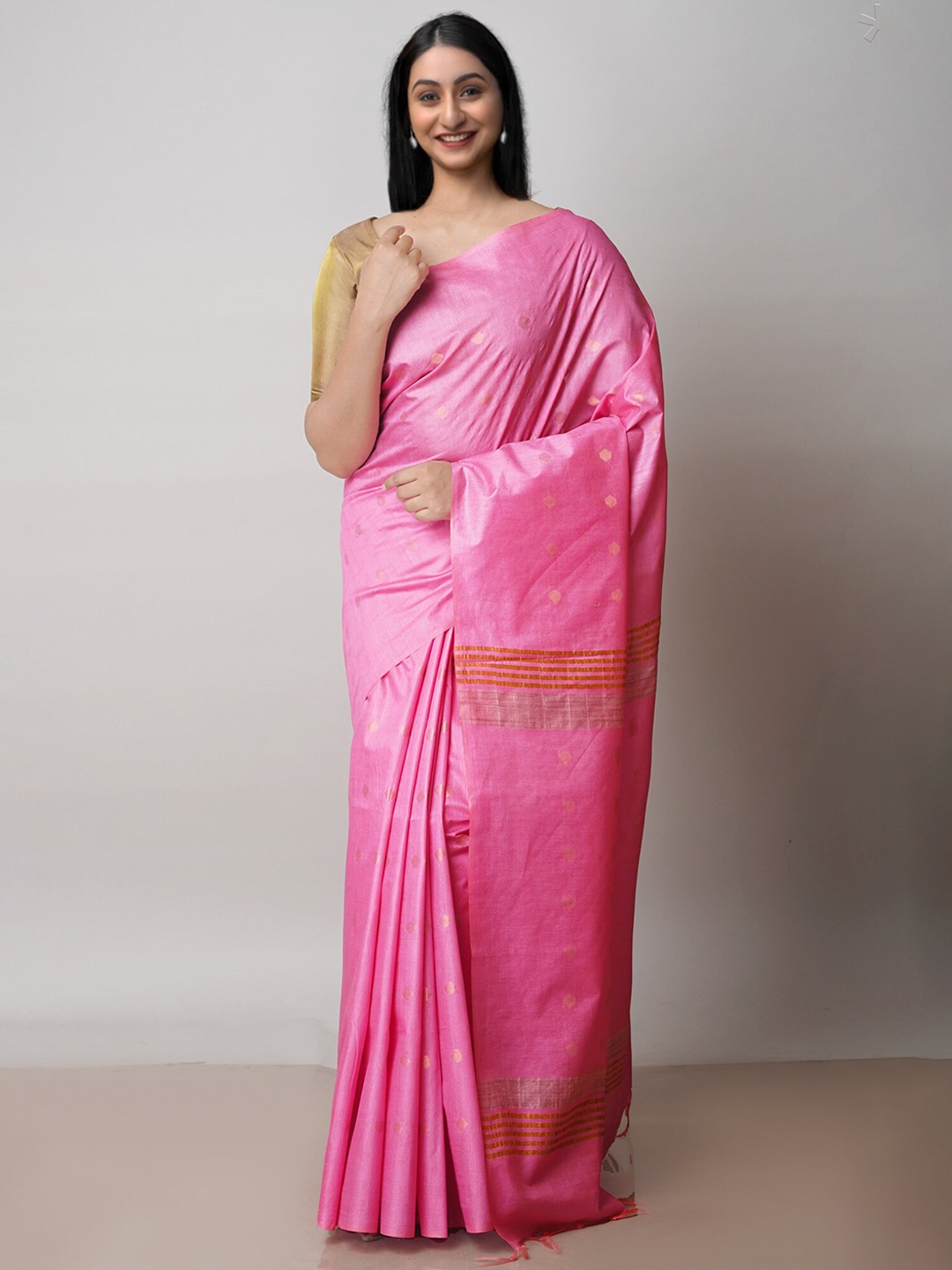 

Unnati Silks Ethnic Motifs Woven Design Zari Silk Cotton Chanderi Saree, Pink