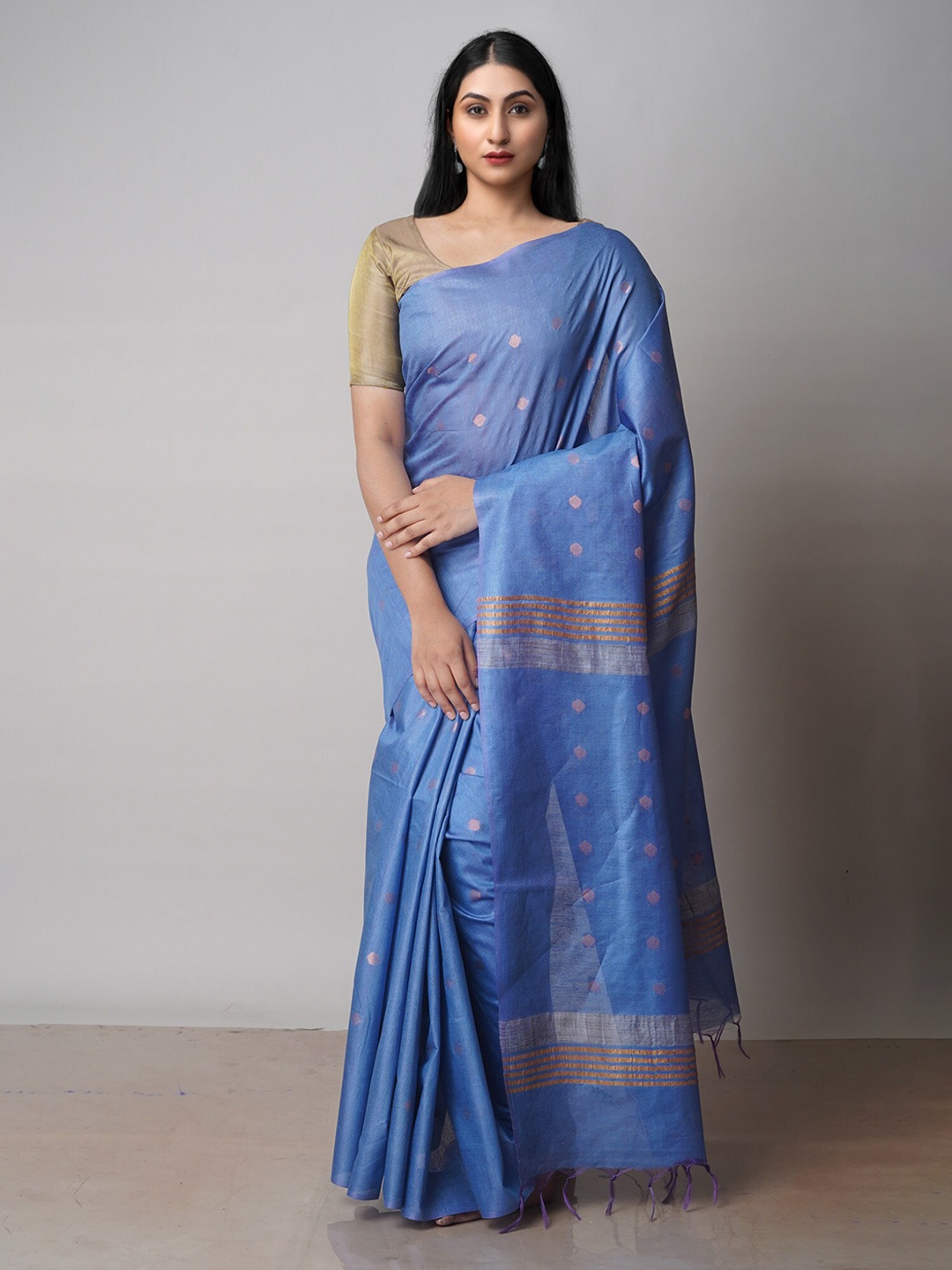 

Unnati Silks Ethnic Motif Woven Design Zari Silk Cotton Chanderi Saree, Blue