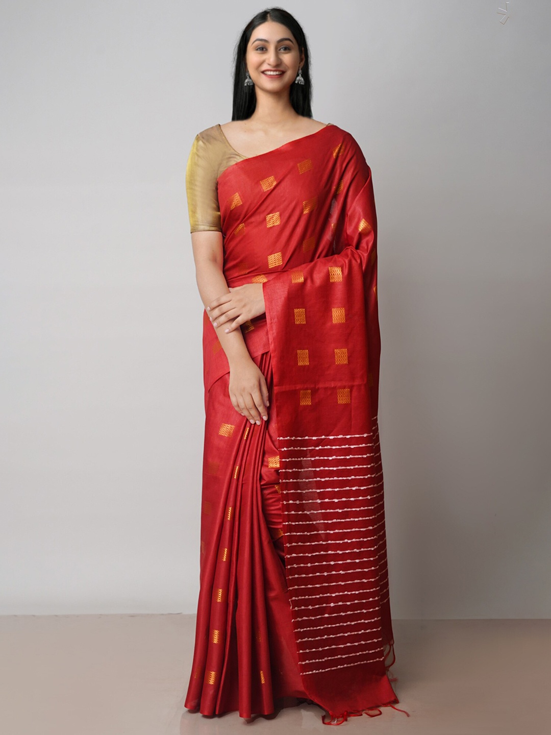 

Unnati Silks Geometric Woven Design Zari Silk Cotton Chanderi Saree, Red