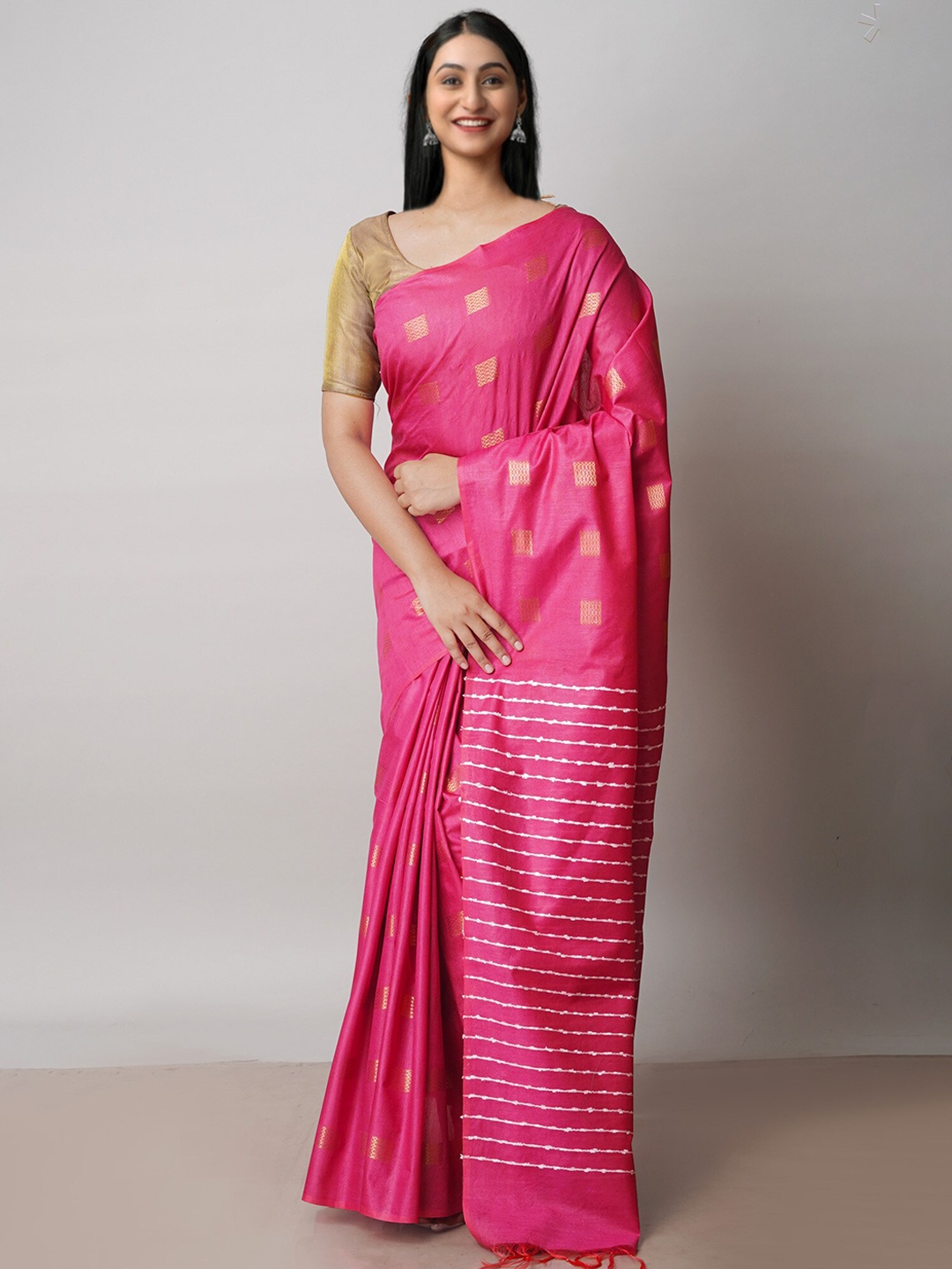 

Unnati Silks Geometric Woven Design Zari Silk Cotton Chanderi Saree, Pink