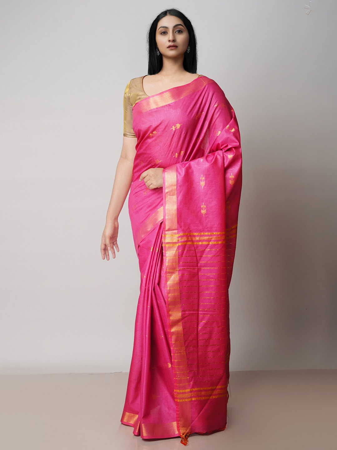 

Unnati Silks Ethnic Motifs Woven Design Silk Cotton Chanderi Saree, Pink