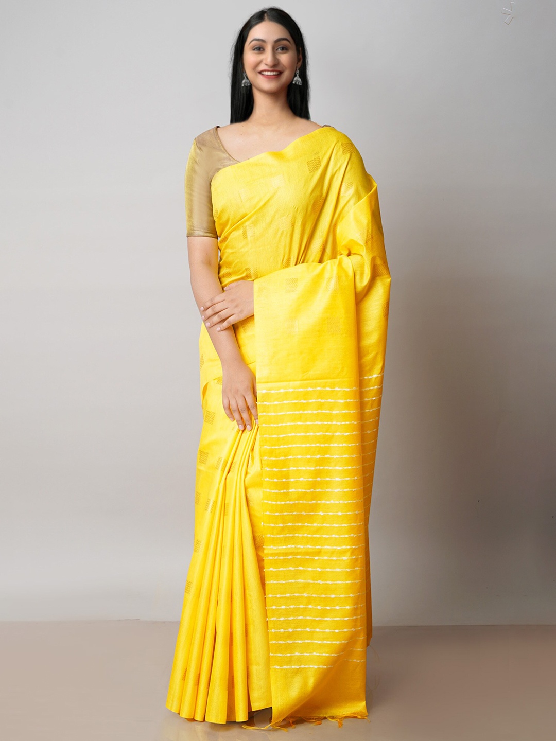 

Unnati Silks Geometric Woven Design Zari Silk Cotton Chanderi Saree, Yellow