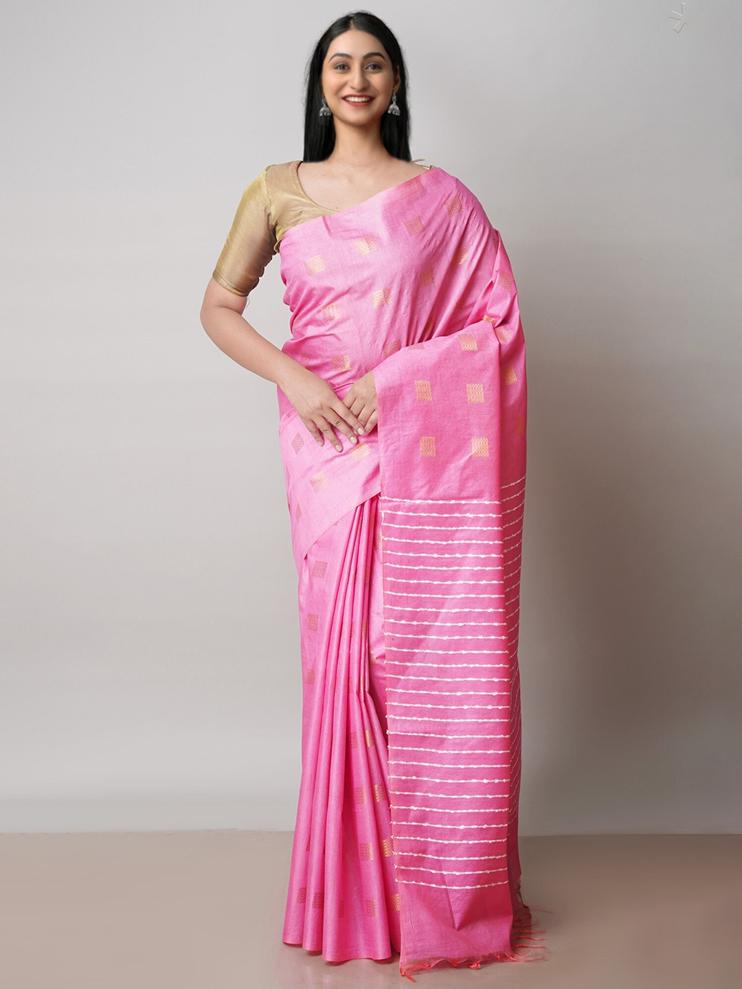 

Unnati Silks Geometric Woven Design Zari Silk Cotton Chanderi Saree, Pink