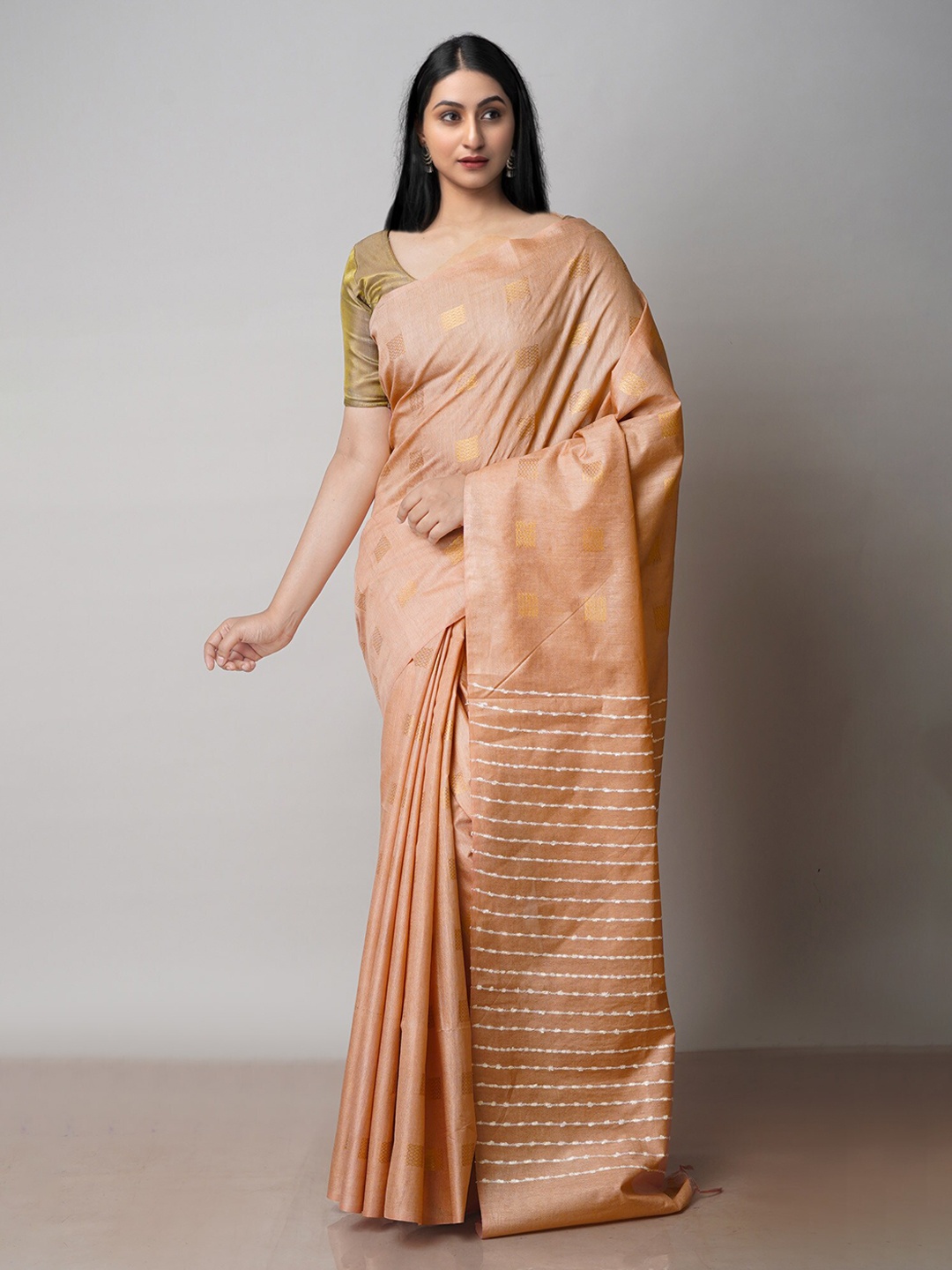 

Unnati Silks Geometric Woven Design Zari Silk Cotton Chanderi Saree, Peach