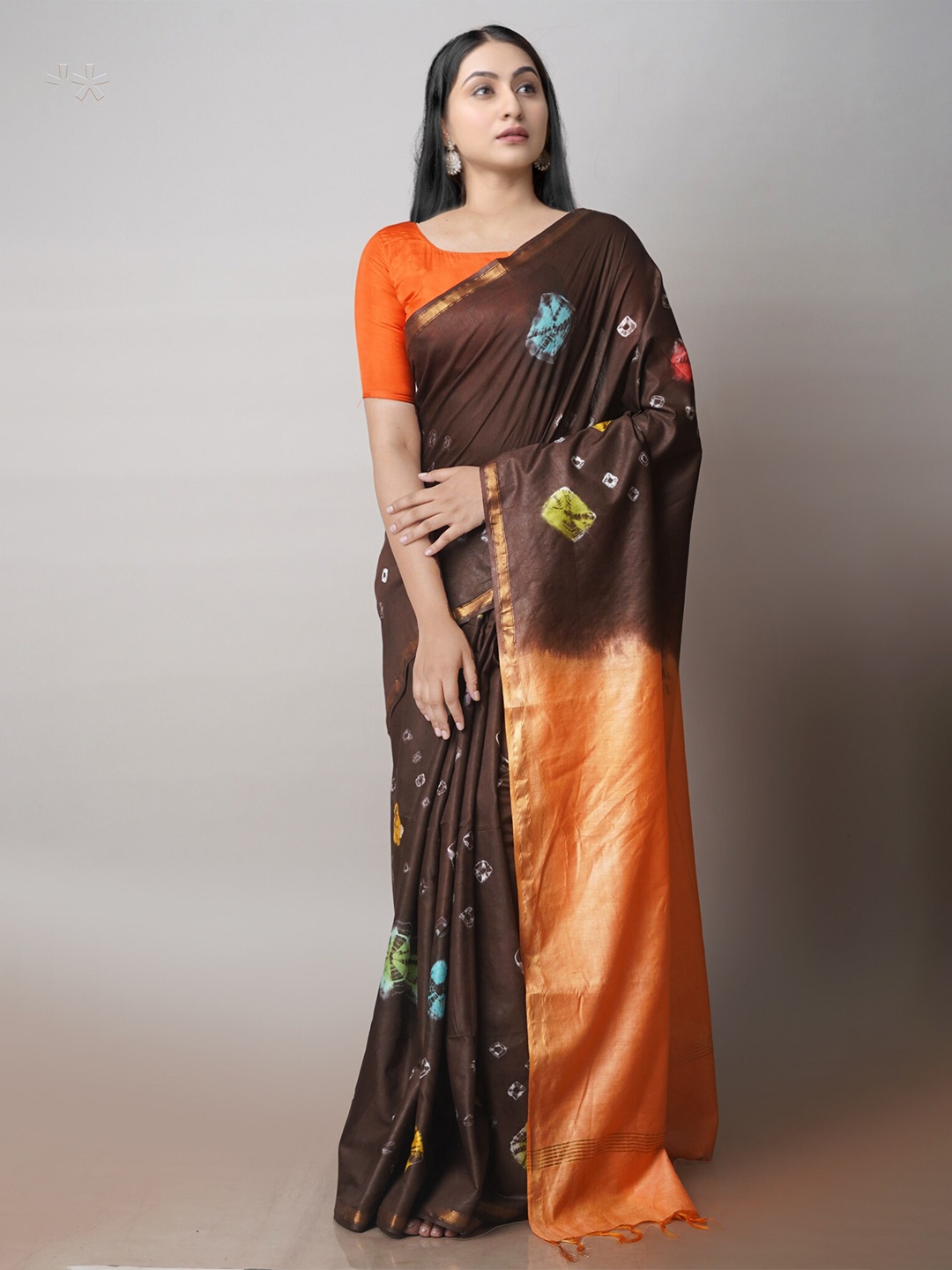 

Unnati Silks Batik Printed Silk Cotton Chanderi Saree, Brown