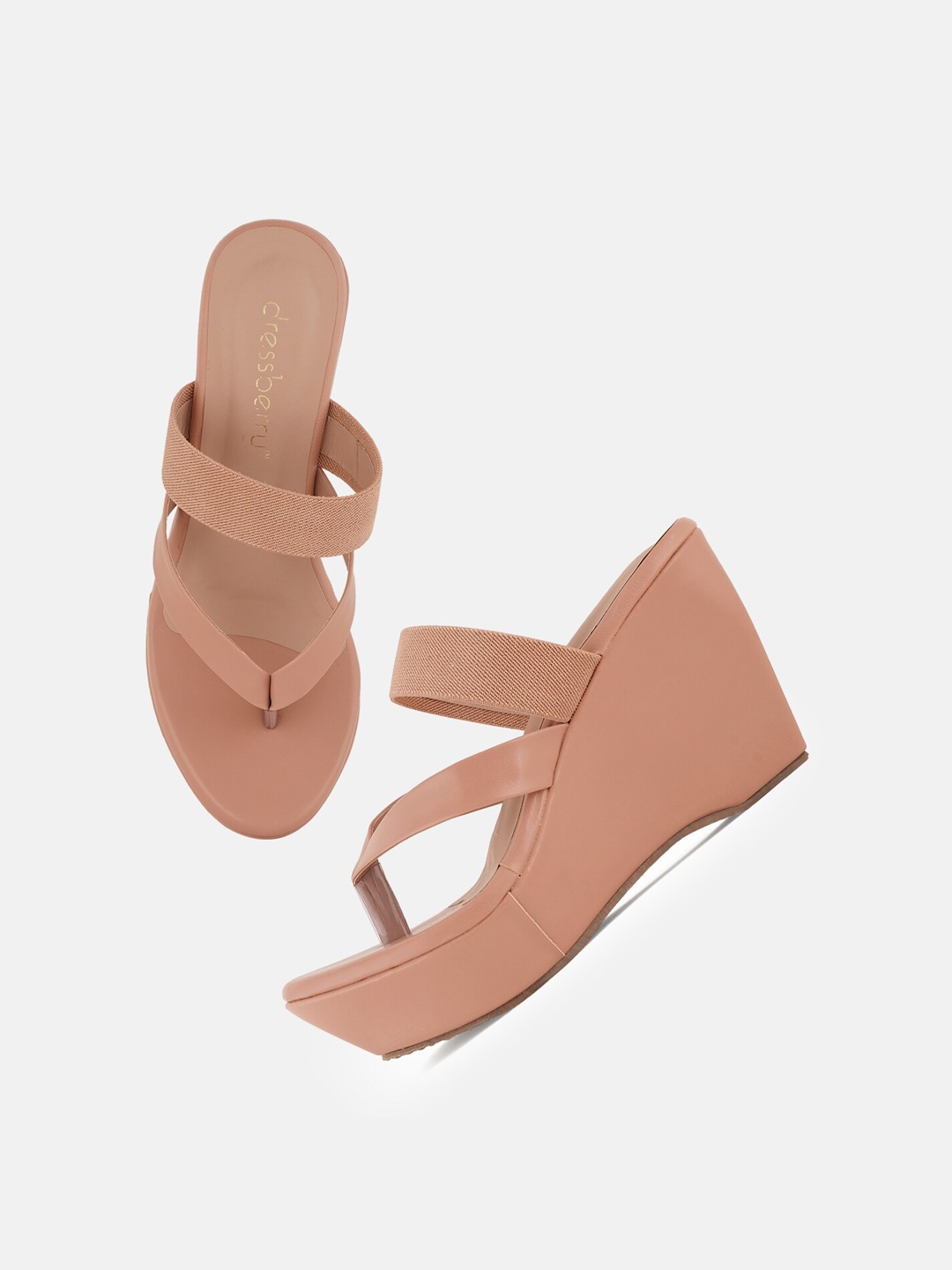 

DressBerry Peach T-Straps Slip On Wedge Heels