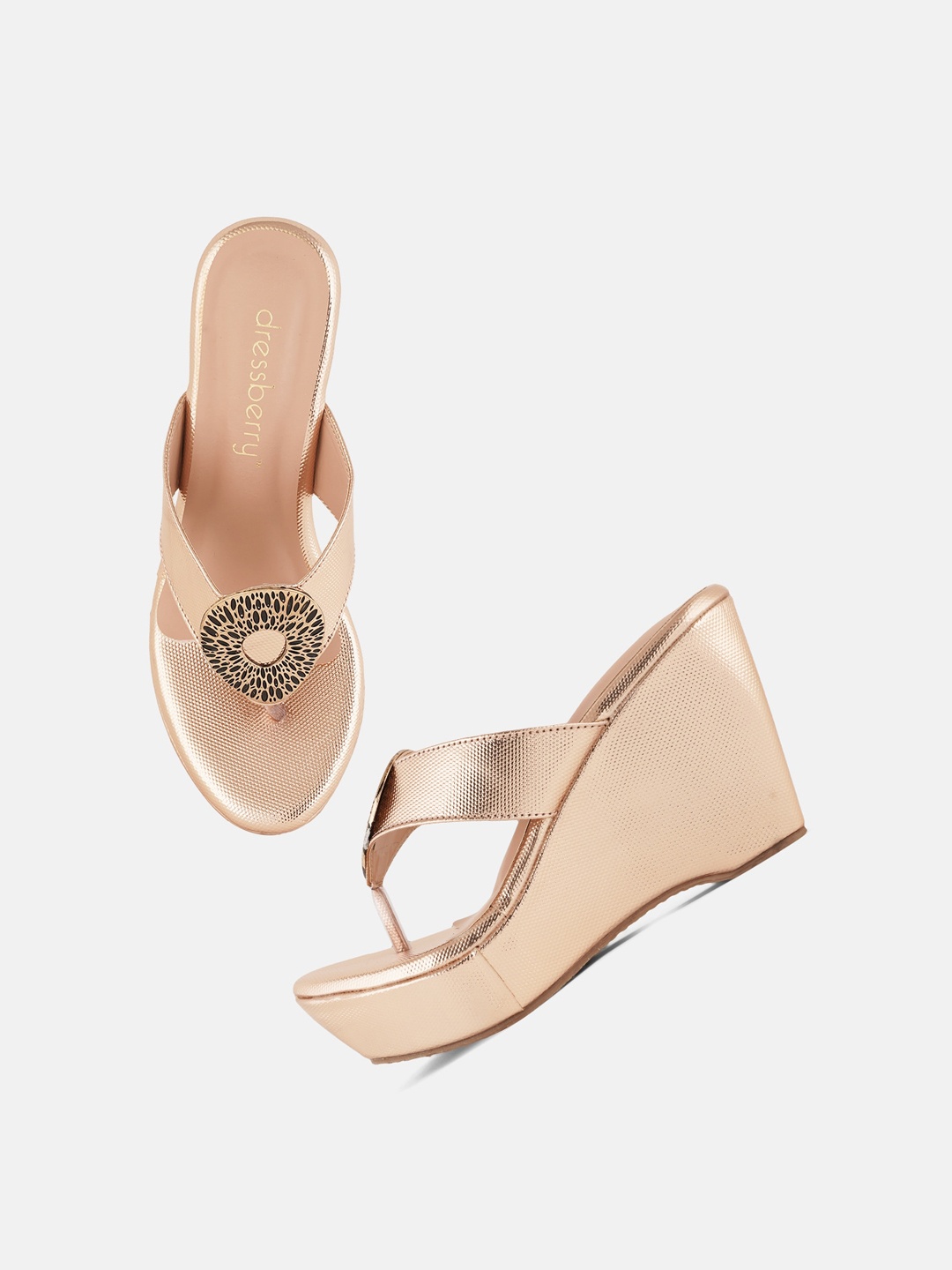 

DressBerry Rose Gold-Toned Embellished T-Straps Slip On Wedge Heels