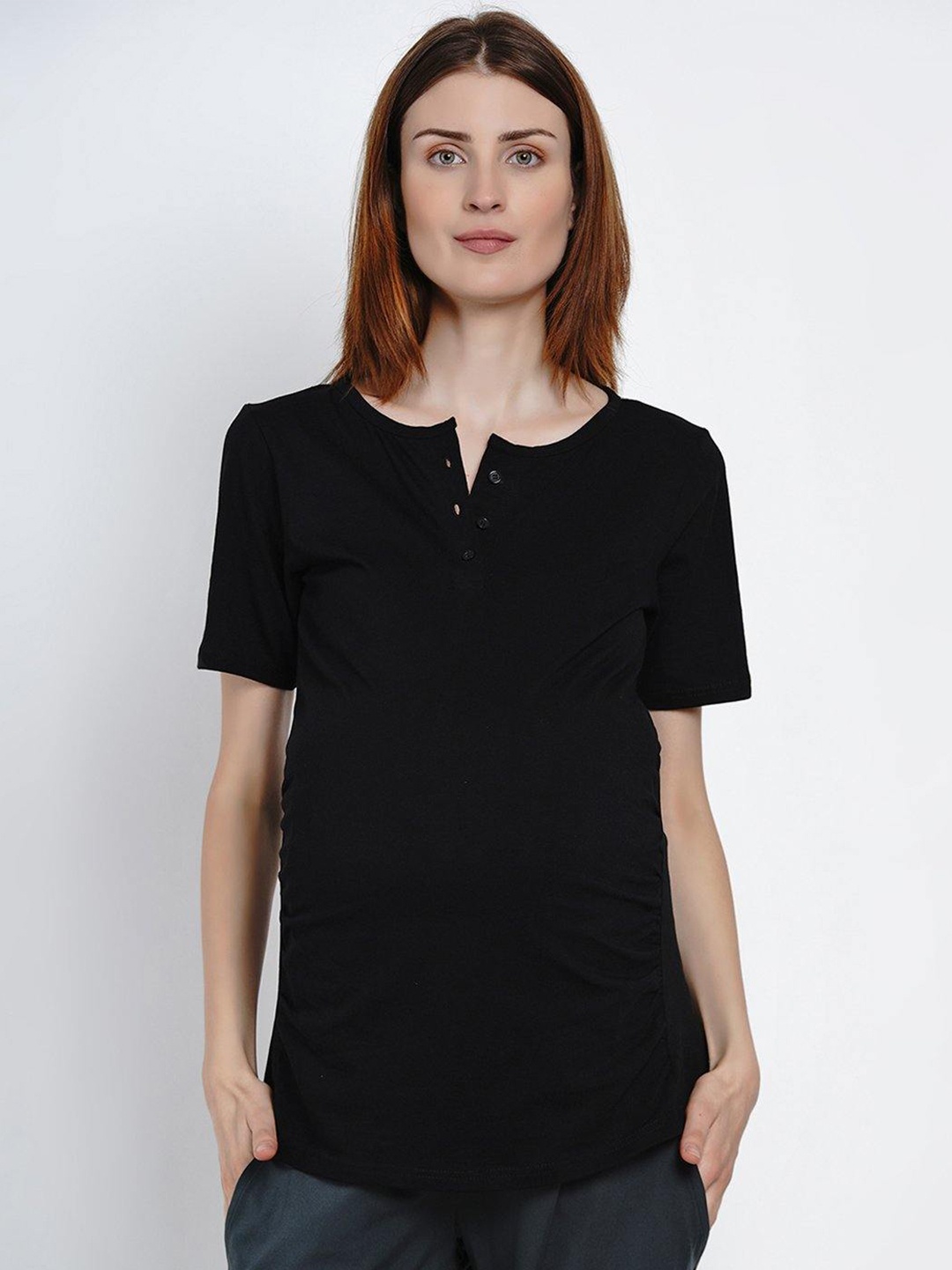 

Mine4Nine Henley Neck Longline Cotton Maternity T-shirt, Black