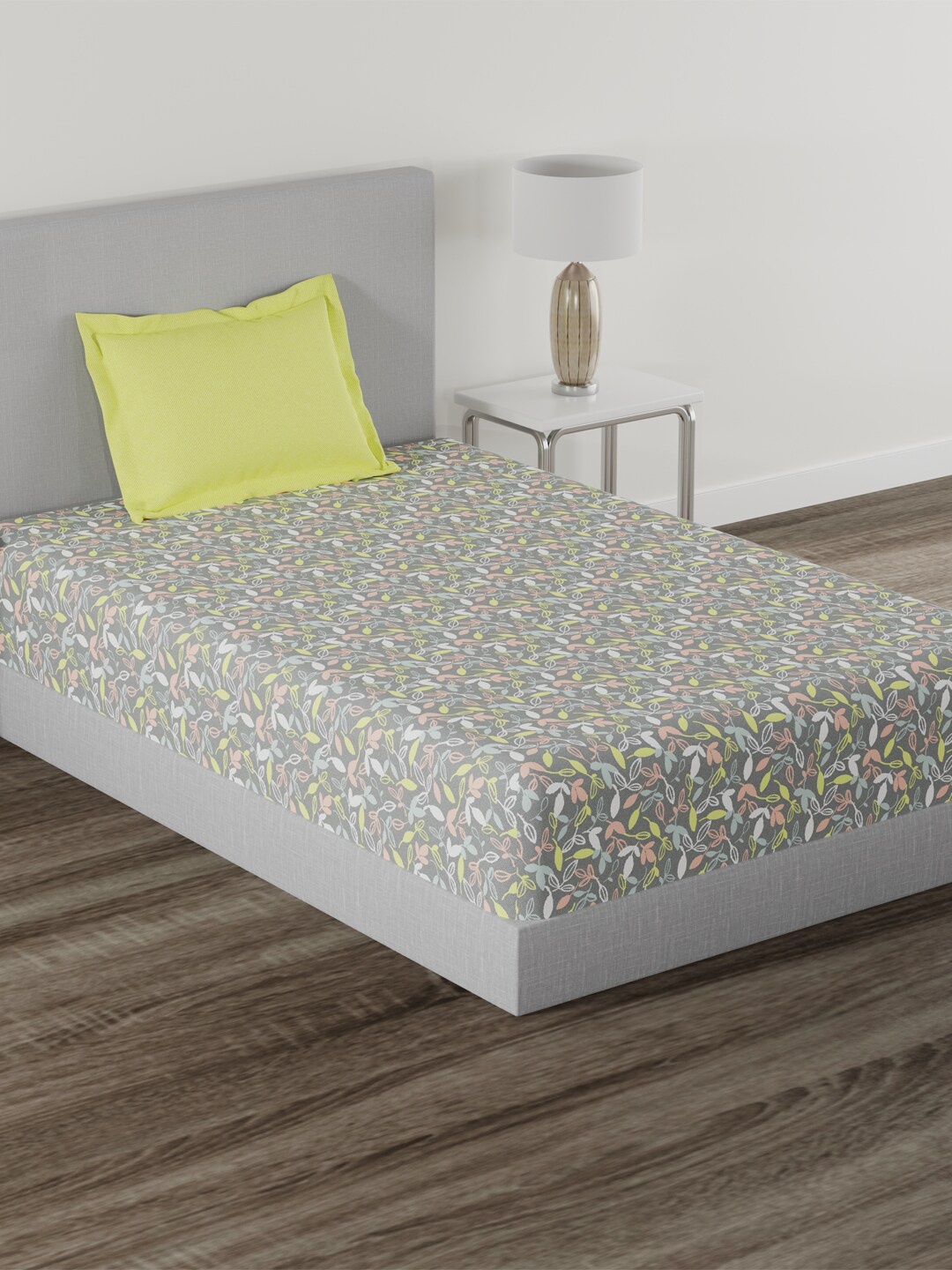 

Trident Everyday Grey & Green Printed 120 TC Pure Cotton Single Bedsheet & Pillow Cover
