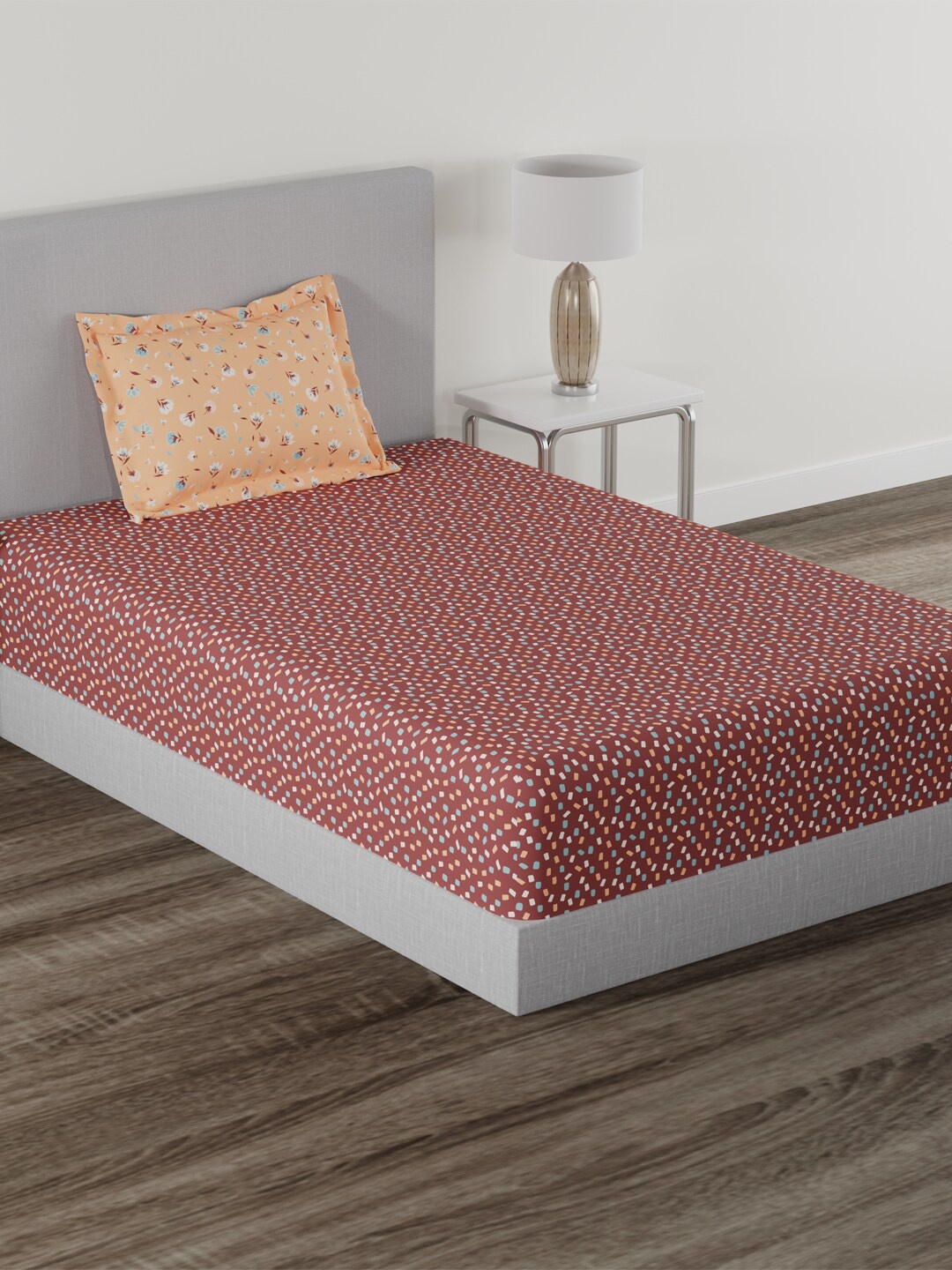 

MYTRIDENT Everyday Maroon Orange Printed 120 TC Pure Cotton Single Bedsheet Pillow Cover
