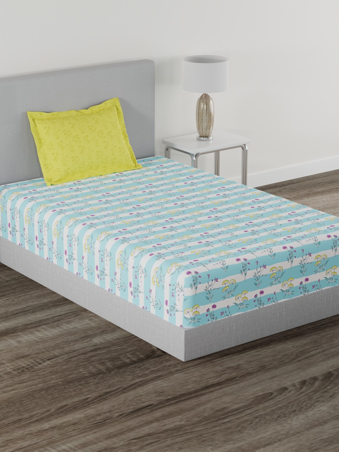 

MYTRIDENT Everyday Blue White Printed 120 TC Pure Cotton Single Bedsheet Pillow Cover