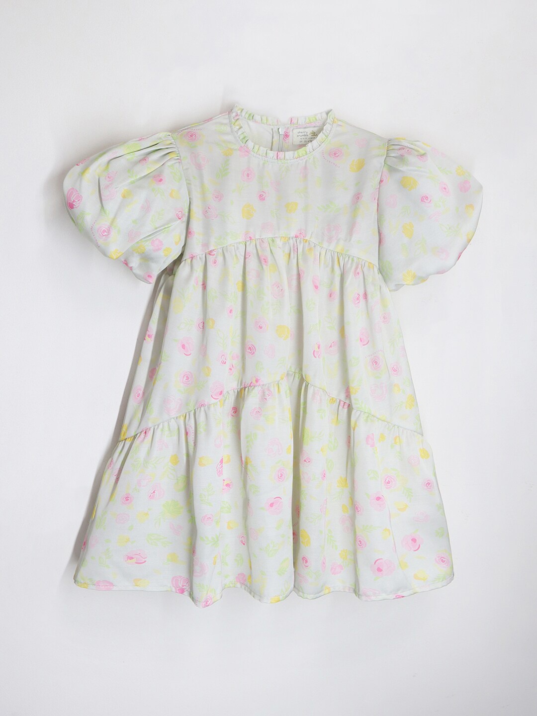 

Cherry Crumble Girls Floral Print Puff Sleeve A-Line Dress, Green