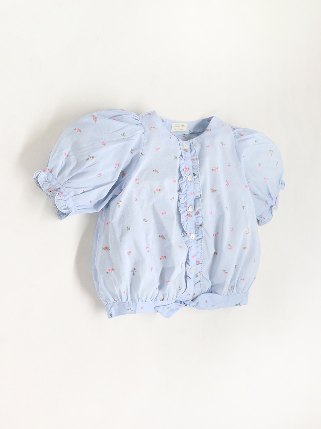 

Cherry Crumble Girls Floral Printed Puff Sleeves Pure Cotton Blouson Top, Turquoise blue