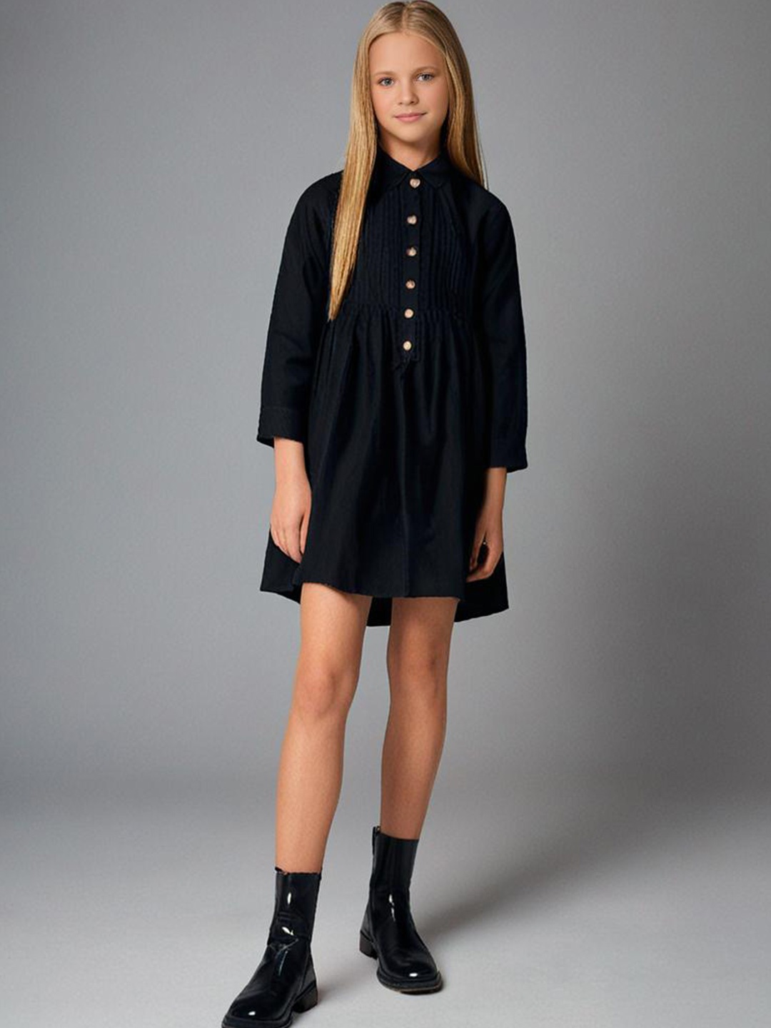 

Cherry Crumble Shirt Collar Fit & Flare Dress, Black