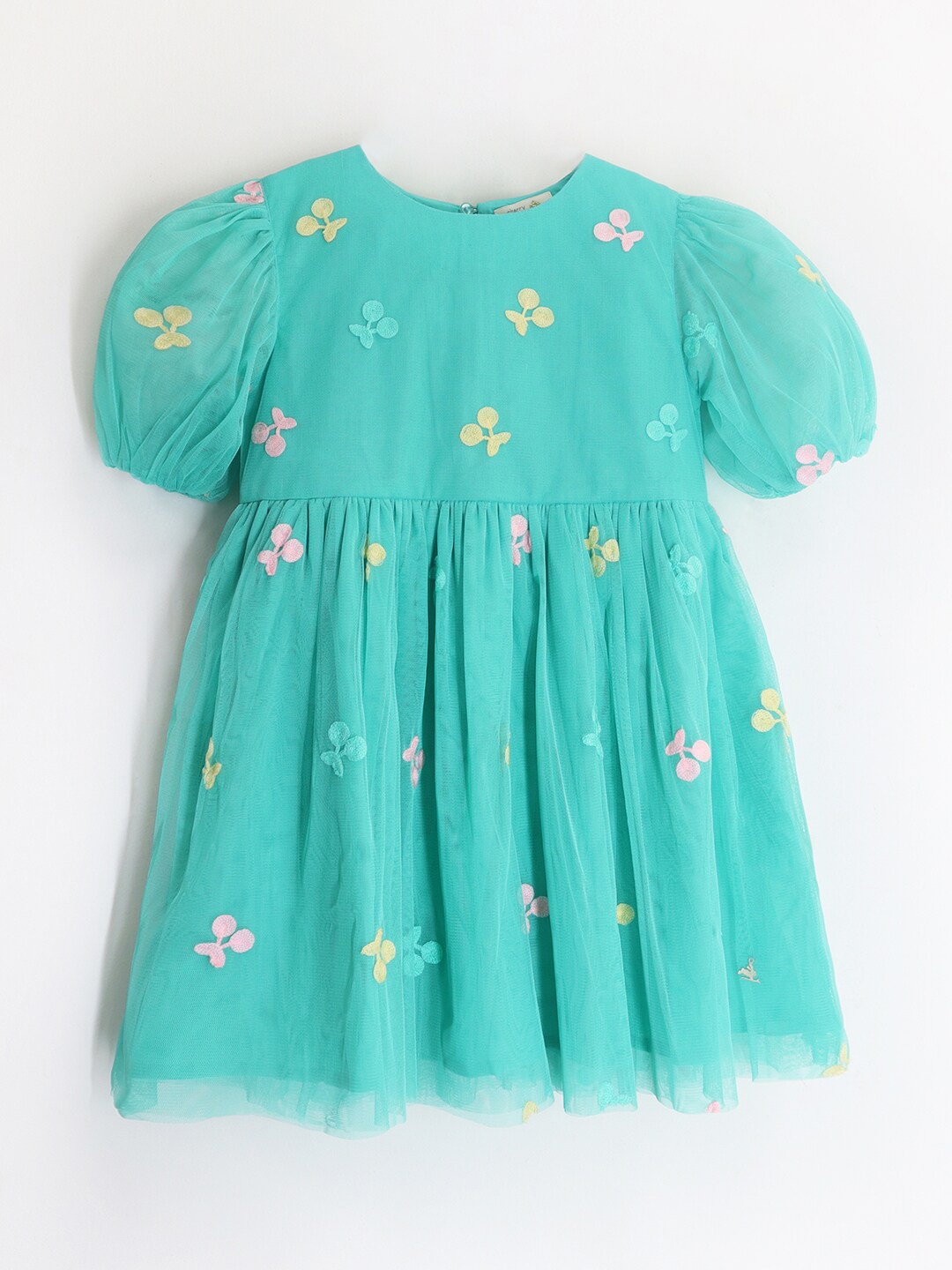 

Cherry Crumble Girls Embellished Puff Sleeve Fit & Flare Dress, Turquoise blue