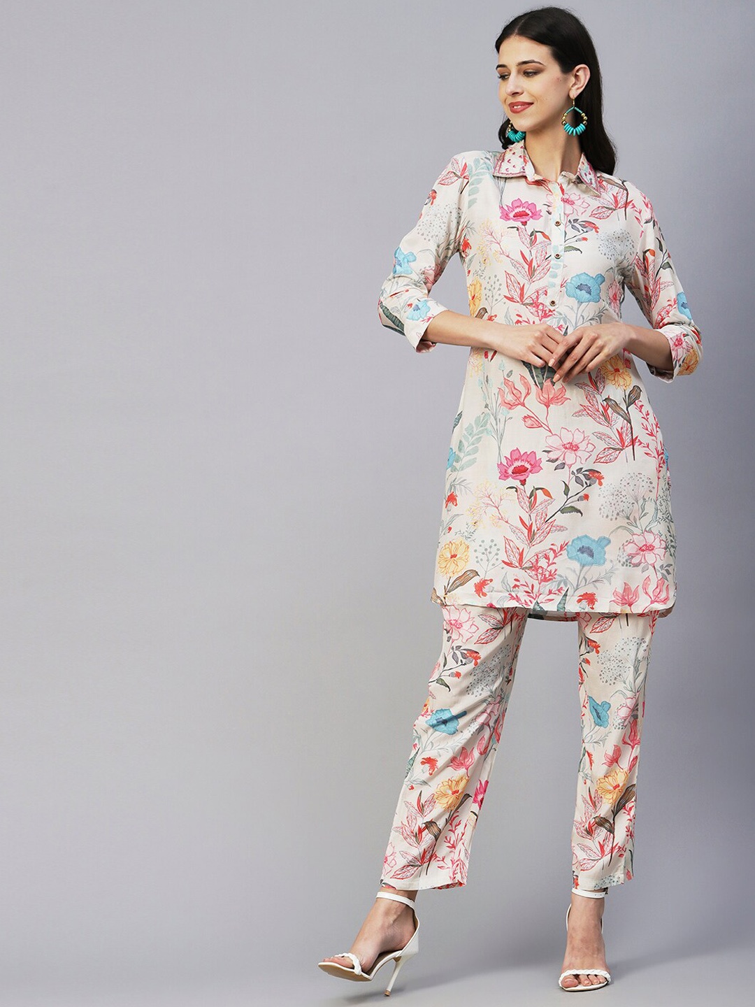 

FASHOR Off White & Pink Floral Printed Shirt Collar Tunic & Trouser