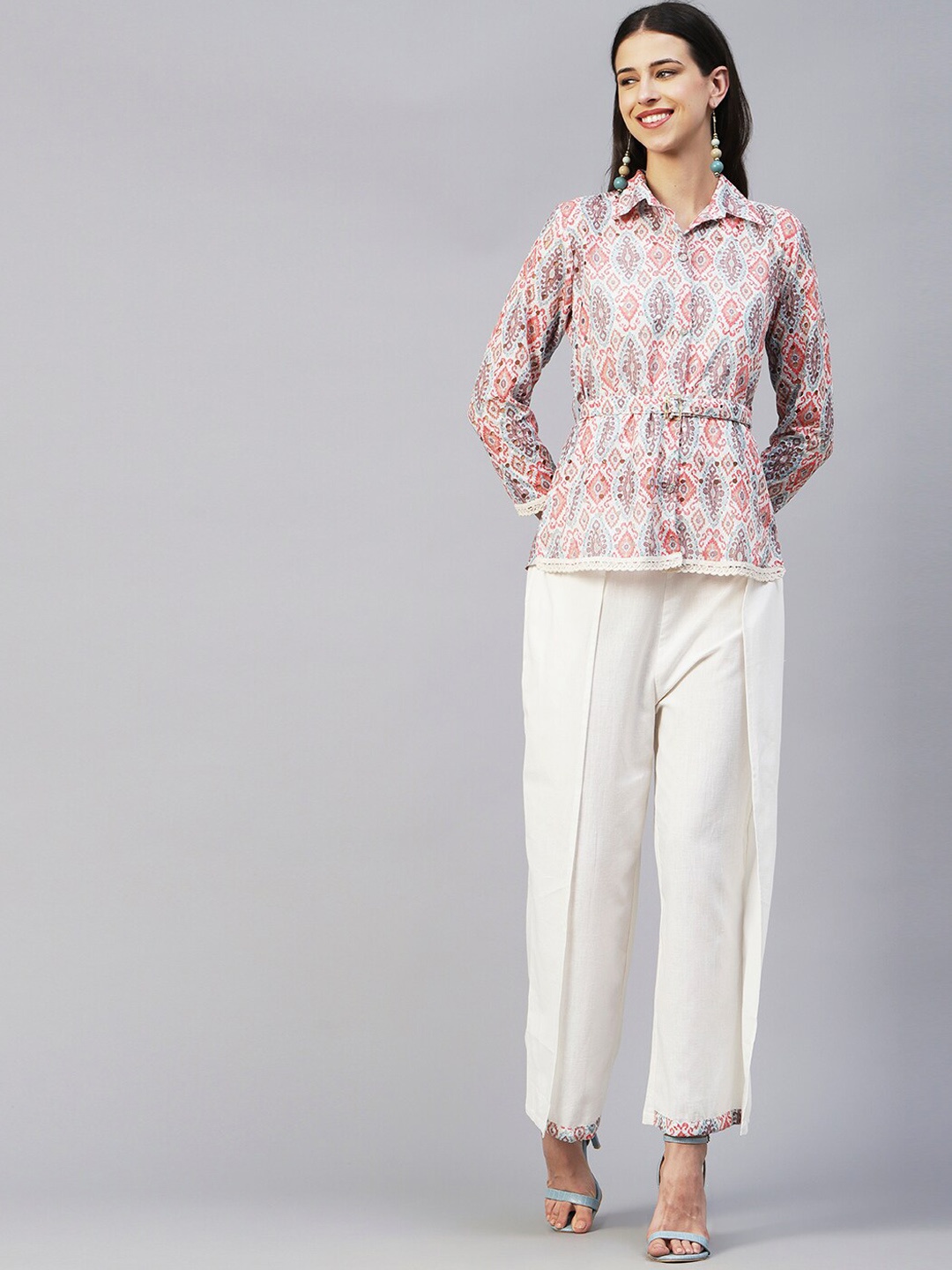 

FASHOR Pink & Blue Printed Pure Cotton Shirt Collar Co-Ords