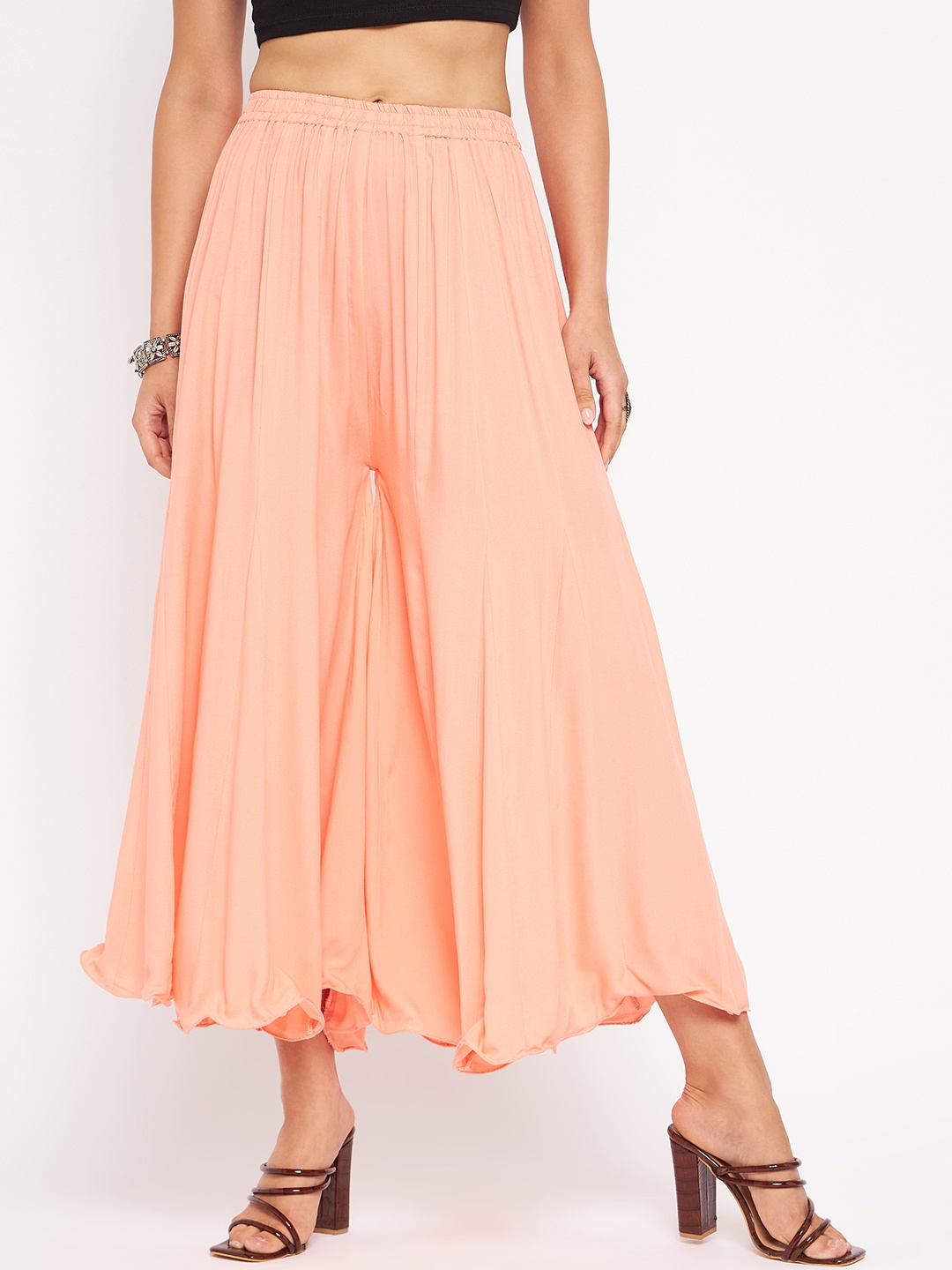 

TULIP 21 Women Curly Hem Design Flared Palazzos, Peach