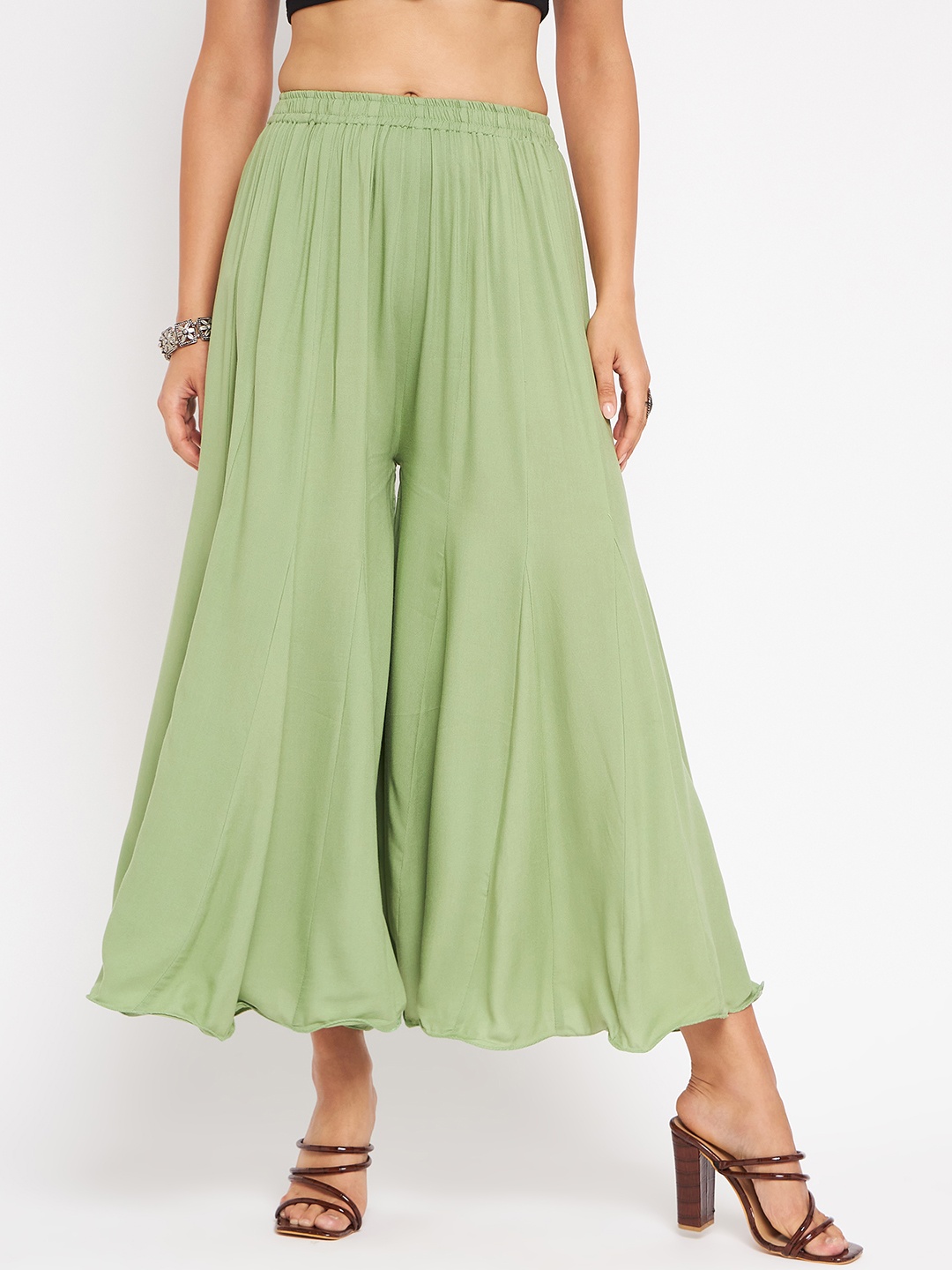 

TULIP 21 Women Curly Hem Design Flared Palazzos, Lime green