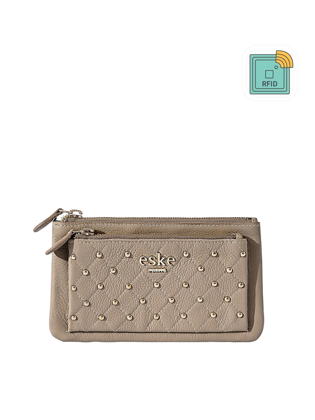 

Eske Women Embellished Leather Zip Around Wallet, Beige