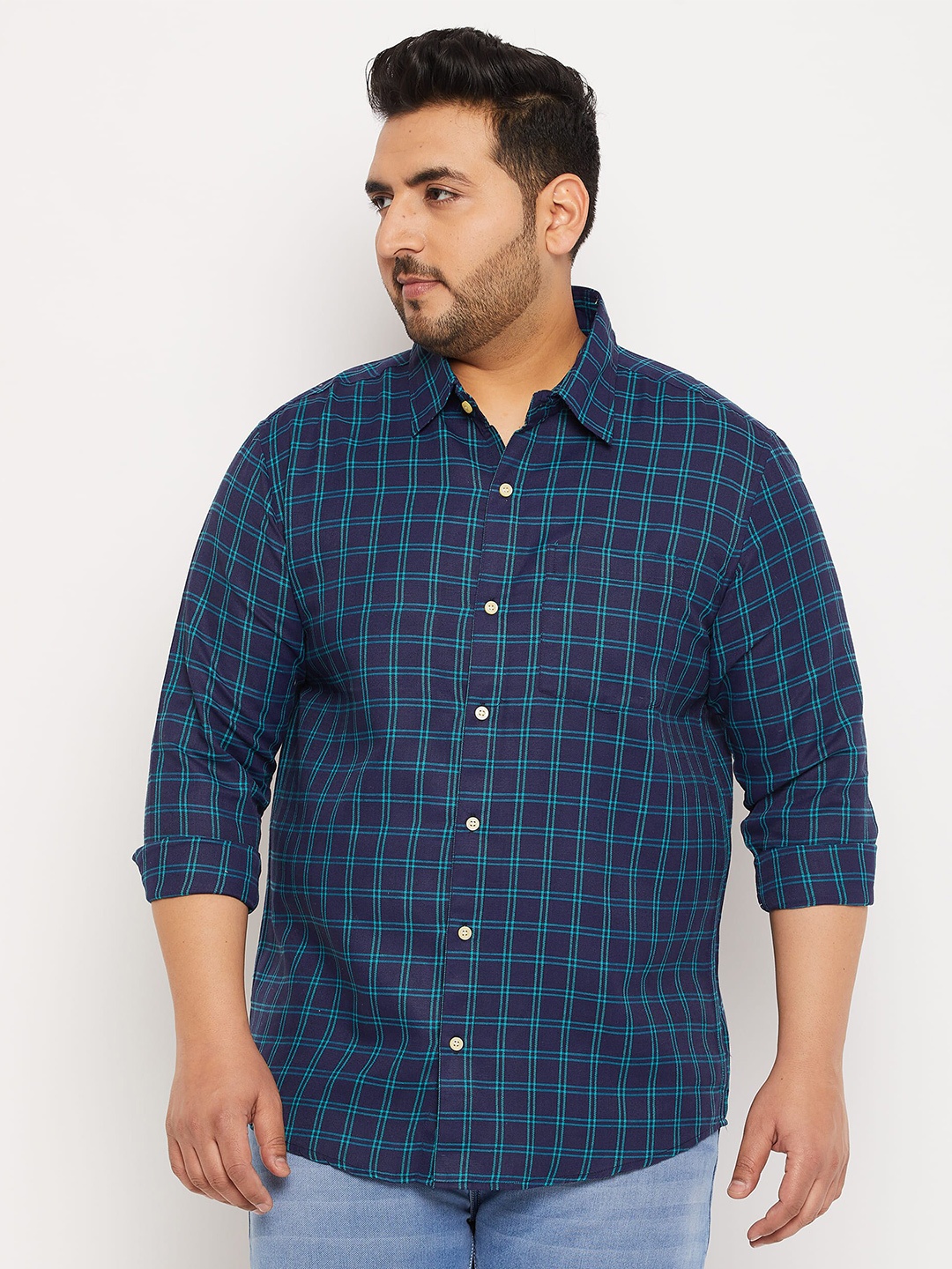 

bigbanana Plus Size Tartan Checked Pure Cotton Casual Shirt, Blue