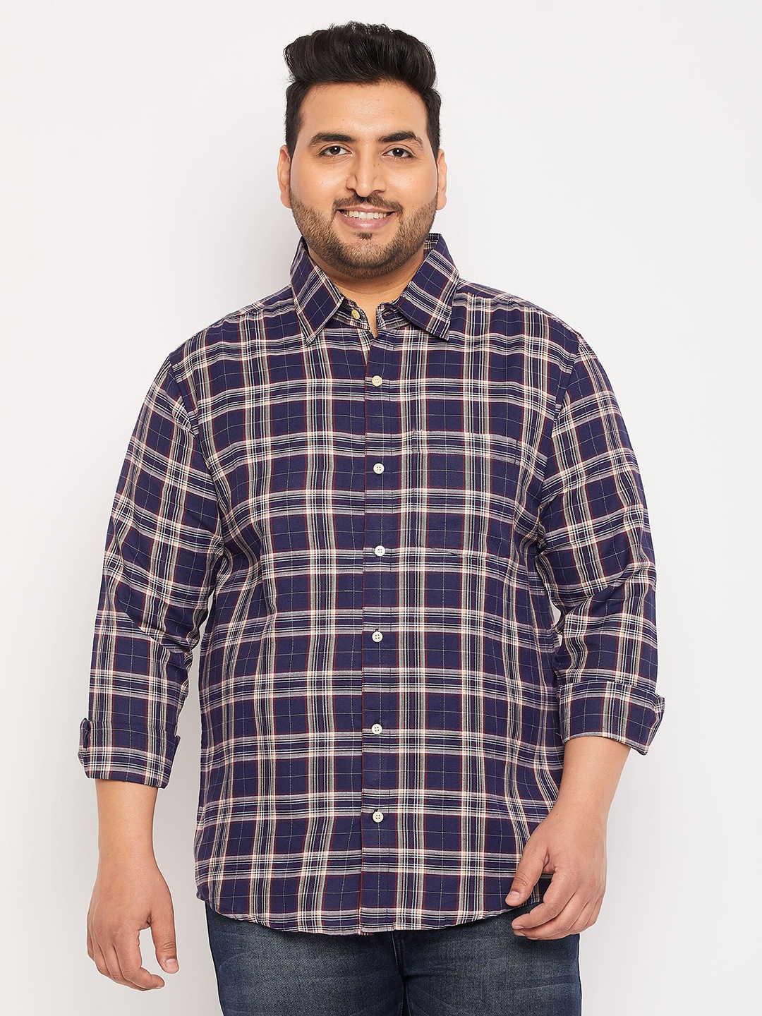 

bigbanana Plus Size Tartan Checked Pure Cotton Shirt, Navy blue