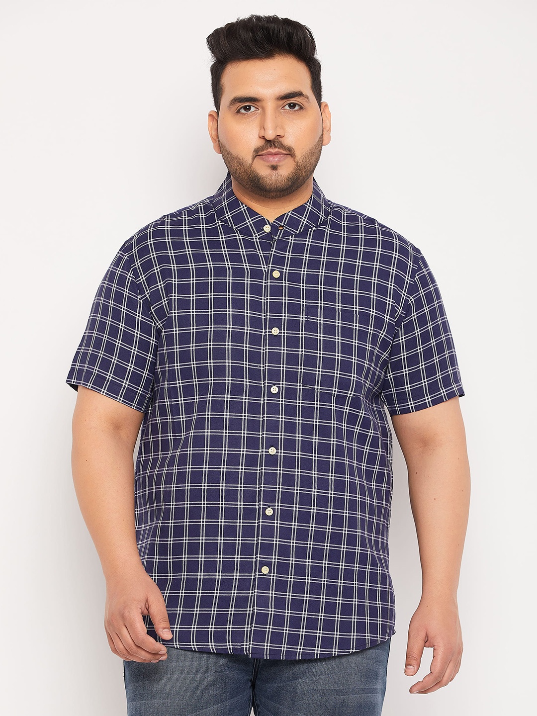 

bigbanana Plus Size Windowpane Checked Pure Cotton Casual Shirt, Blue