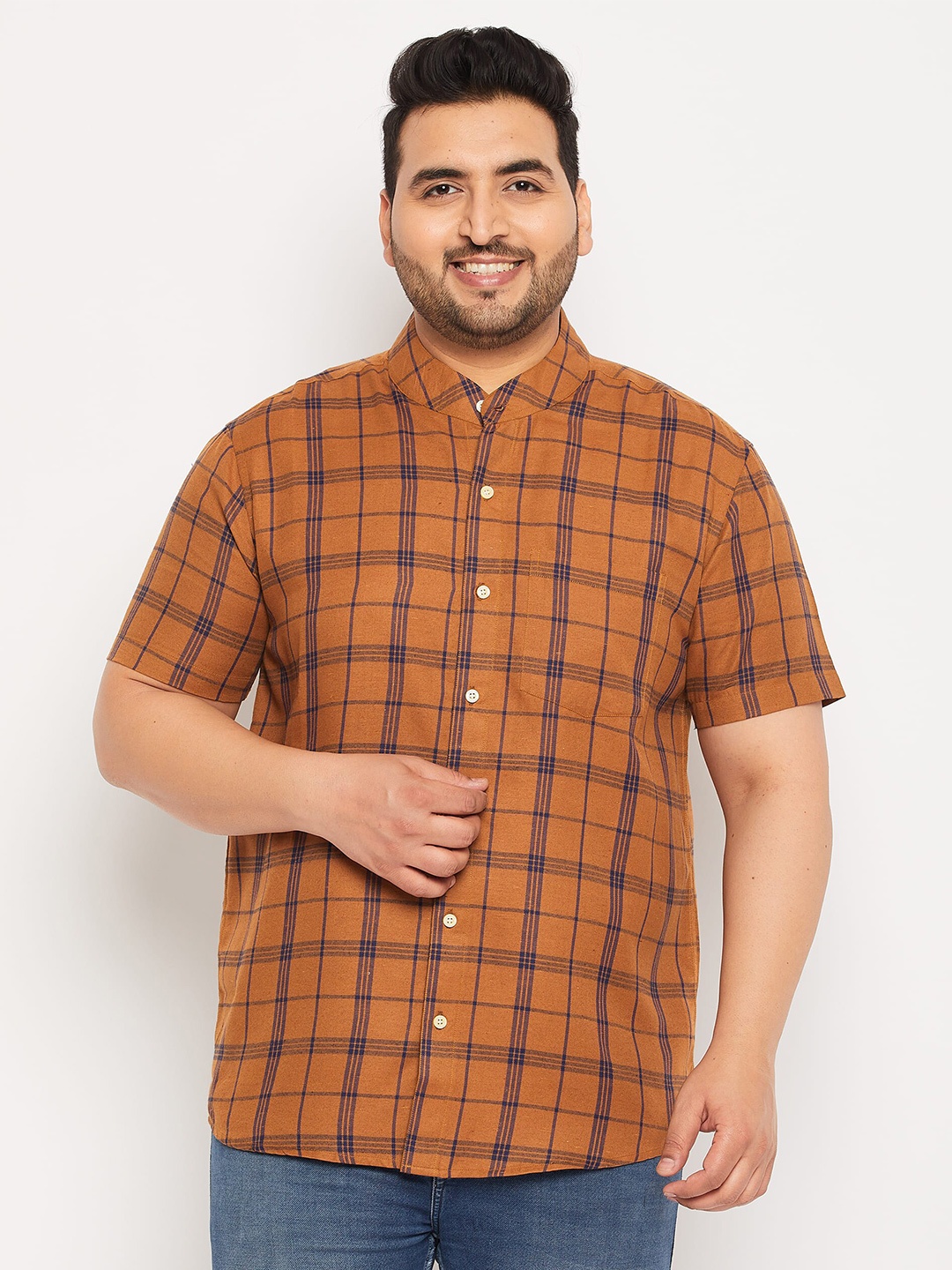 

bigbanana Tartan Checks Mandarin Collar Pure Cotton Casual Shirt, Brown