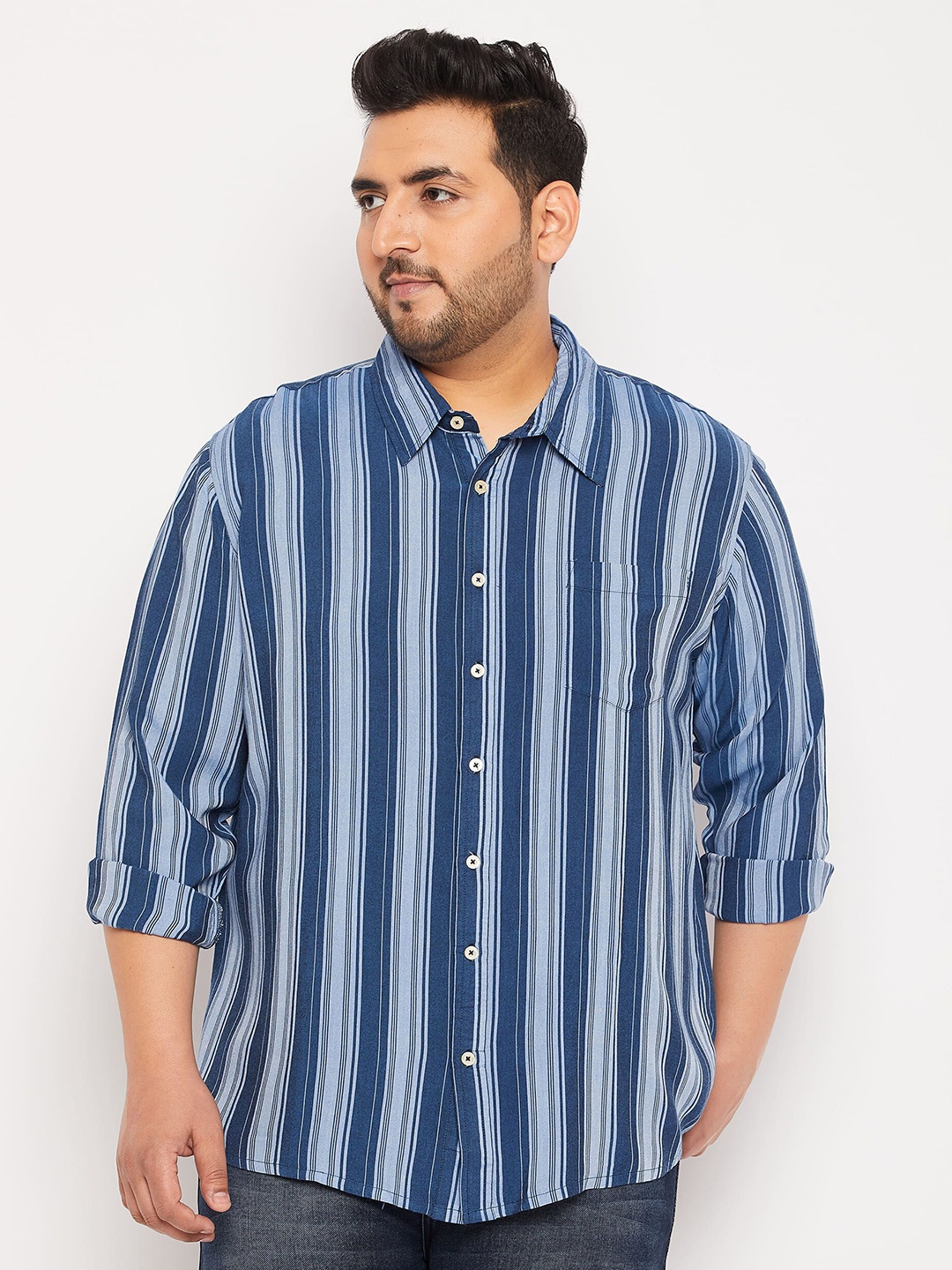 

bigbanana Plus Size Vertical Striped Casual Shirt, Blue