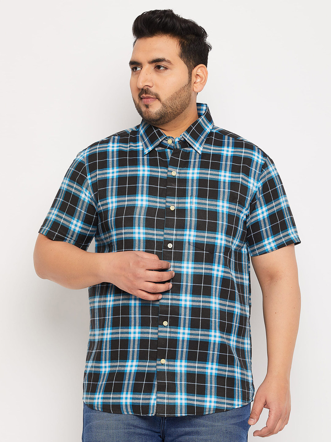 

bigbanana Plus Size Tartan Checks Pure Cotton Casual Shirt, Black