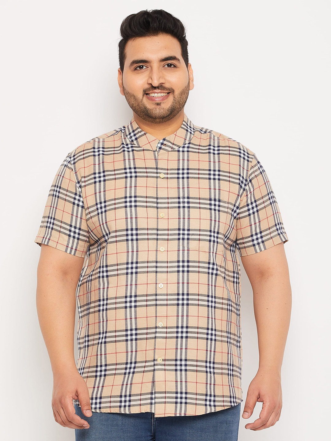 

bigbanana Plus Size Tartan Checked Pure Cotton Casual Shirt, Brown