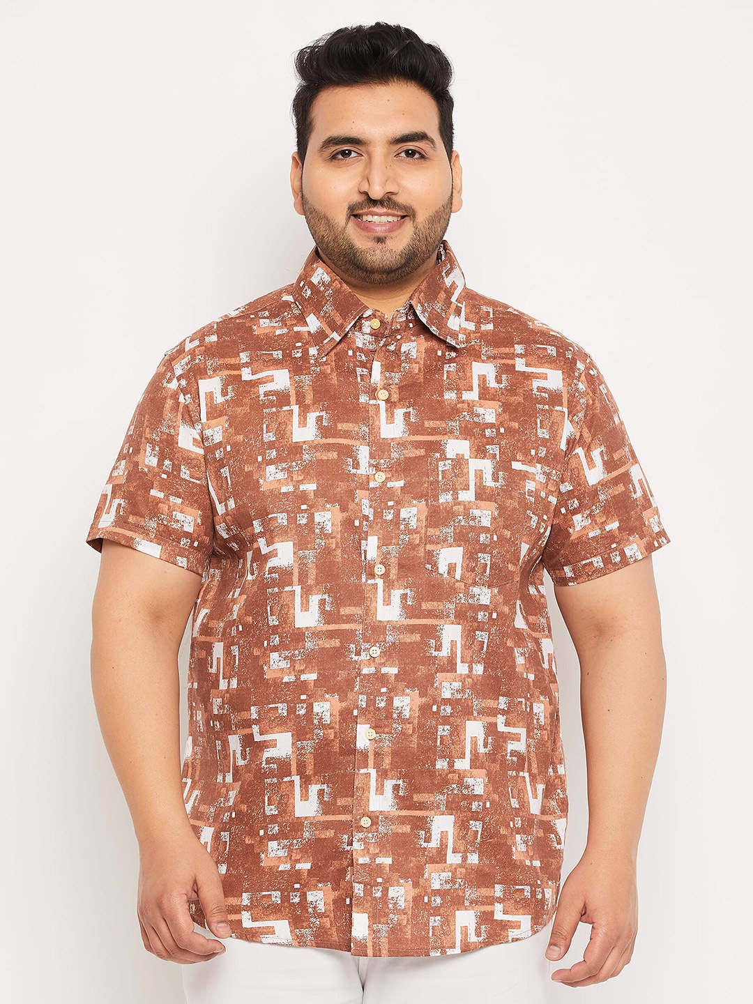 

bigbanana Plus Size Abstract Printed Pure Cotton Casual Shirt, Brown