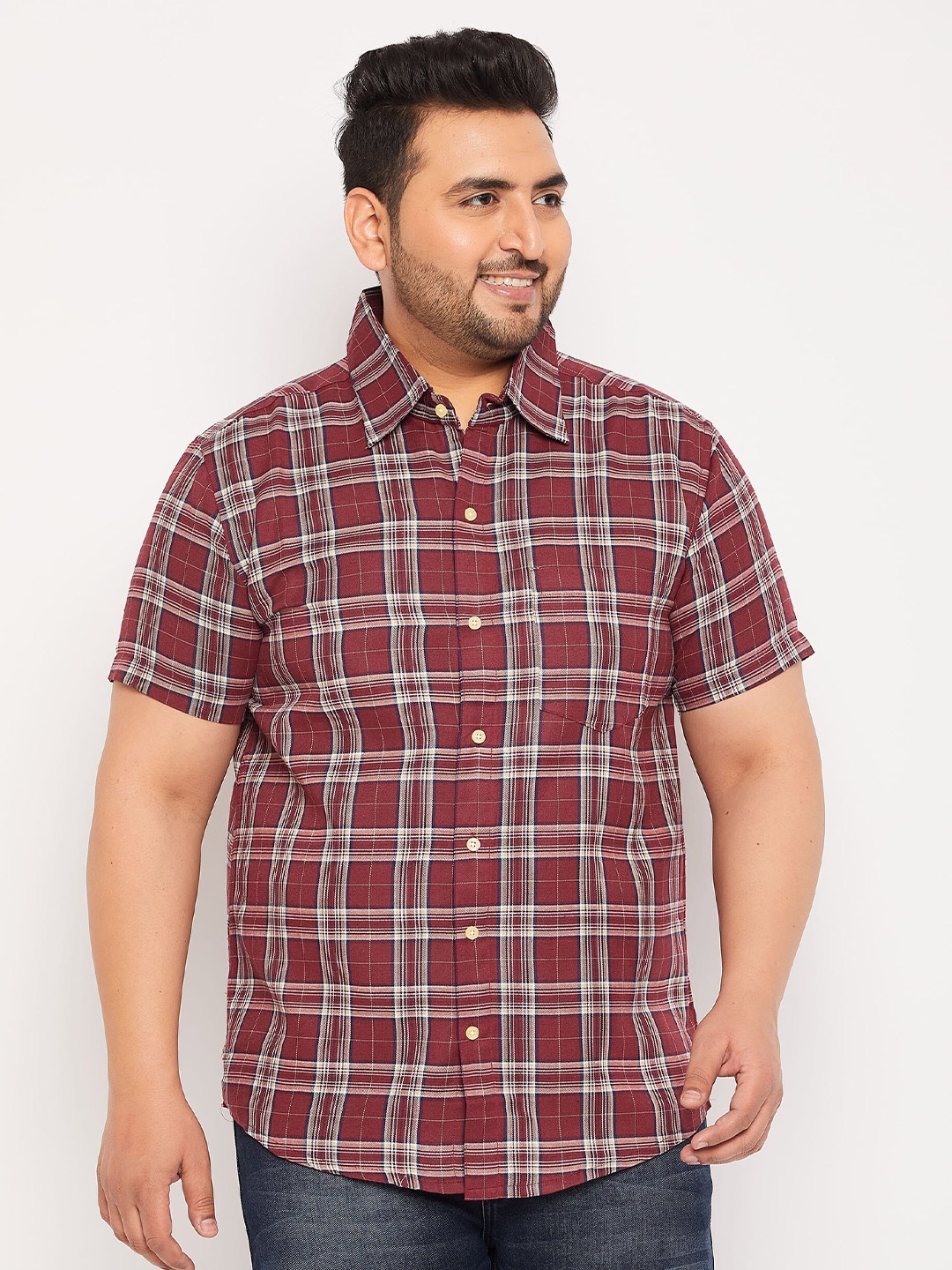 

bigbanana Plus Size Tartan Checks Pure Cotton Casual Shirt, Maroon