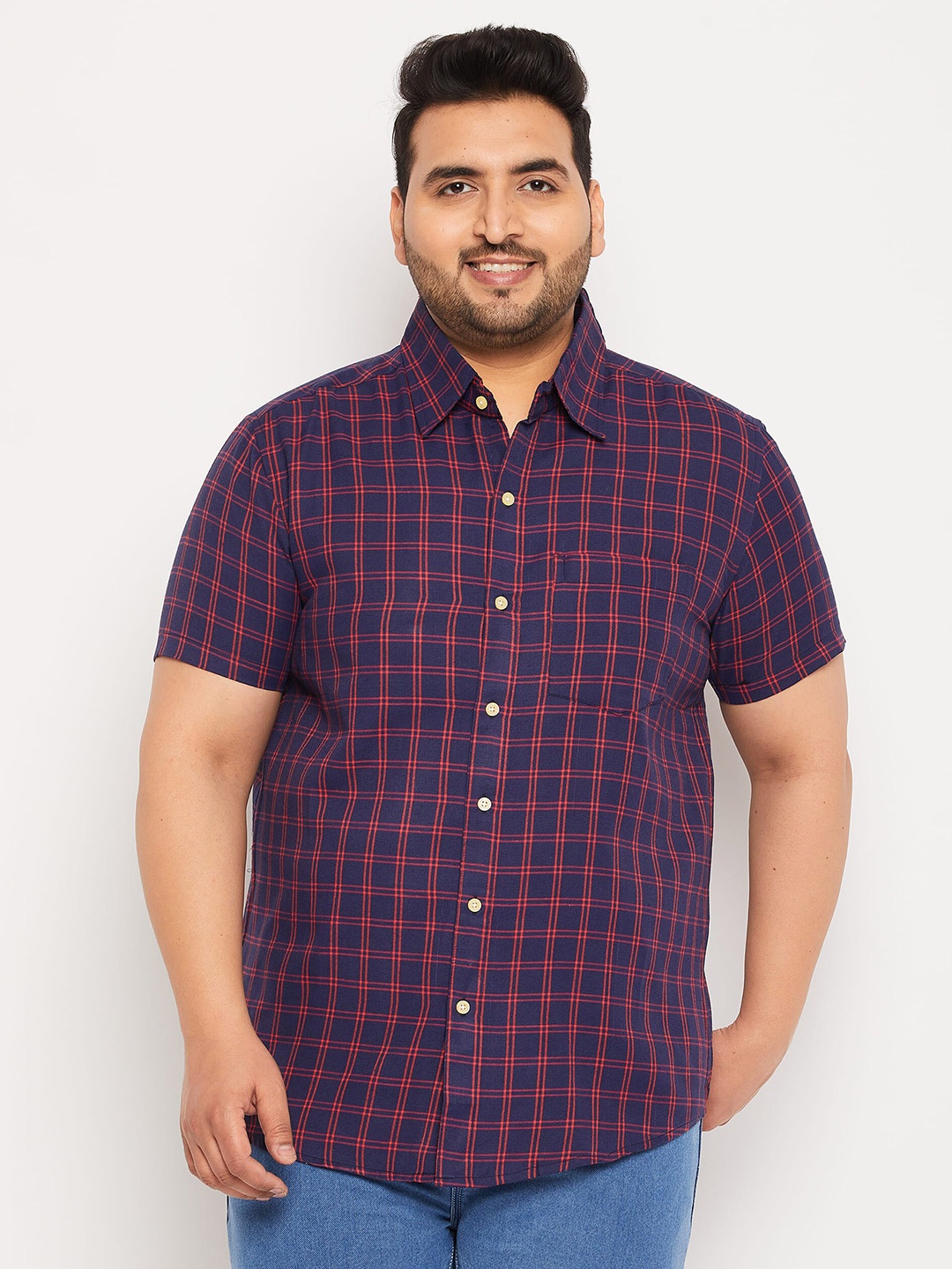 

bigbanana Plus Size Windowpane Checked Pure Cotton Casual Shirt, Navy blue