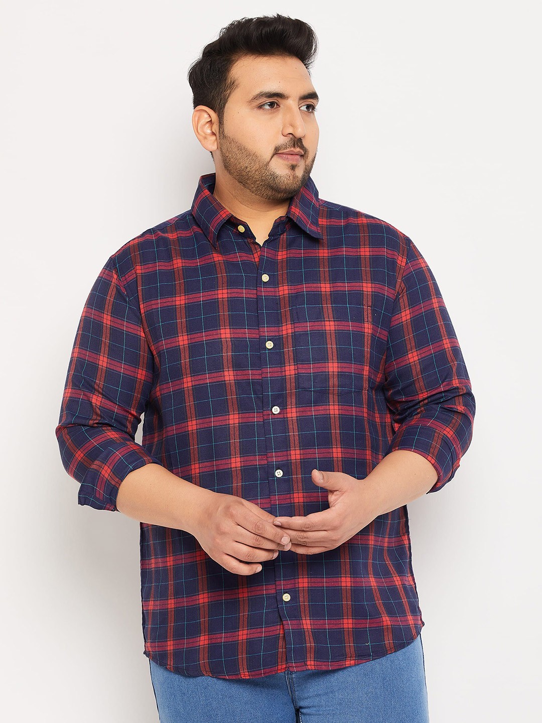 

bigbanana Plus Size Tartan Checked Pure Cotton Casual Shirt, Navy blue